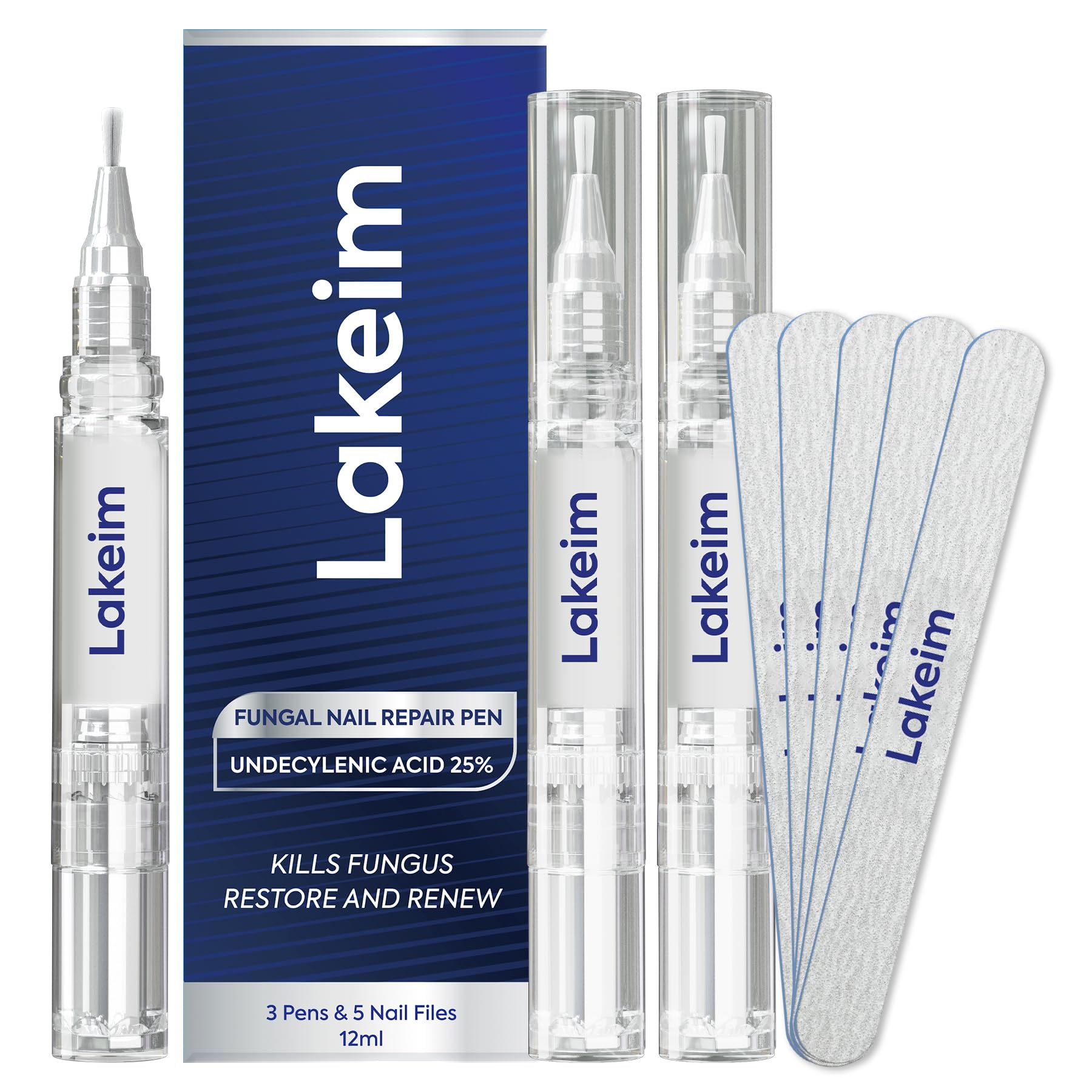 Toenail Fungus Treatment Extra Strength: 25% Undecylenic Acid & Tea Tree Oil - Repairs Yellow Thick Brittle Toe and Fingernails - 3 Pens with 5 Nail Files
