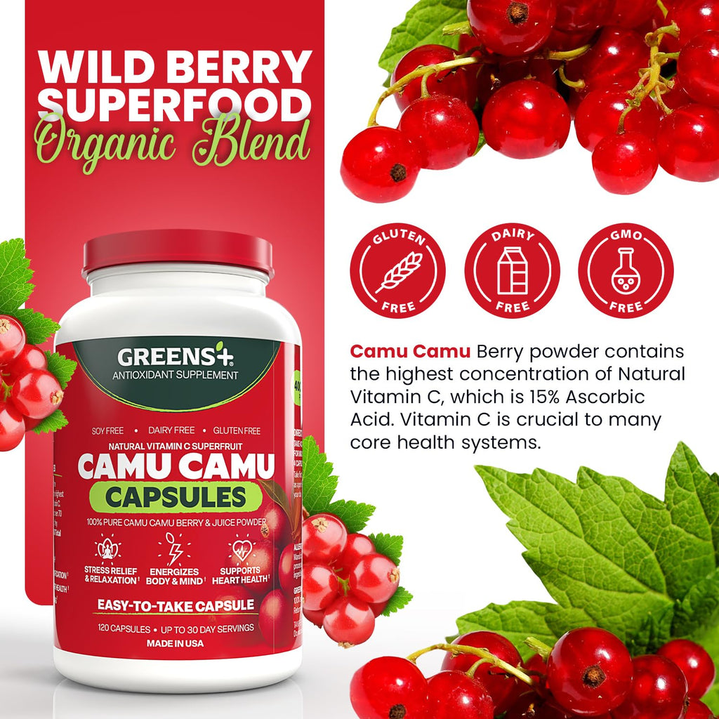 Greens+ SuperFruit Supplement, Amazon Camu Berry with Vitamins & Minerals, High ORAC Antioxidants, 400mg Natural Vitamin C, 120 Veggie Capsules