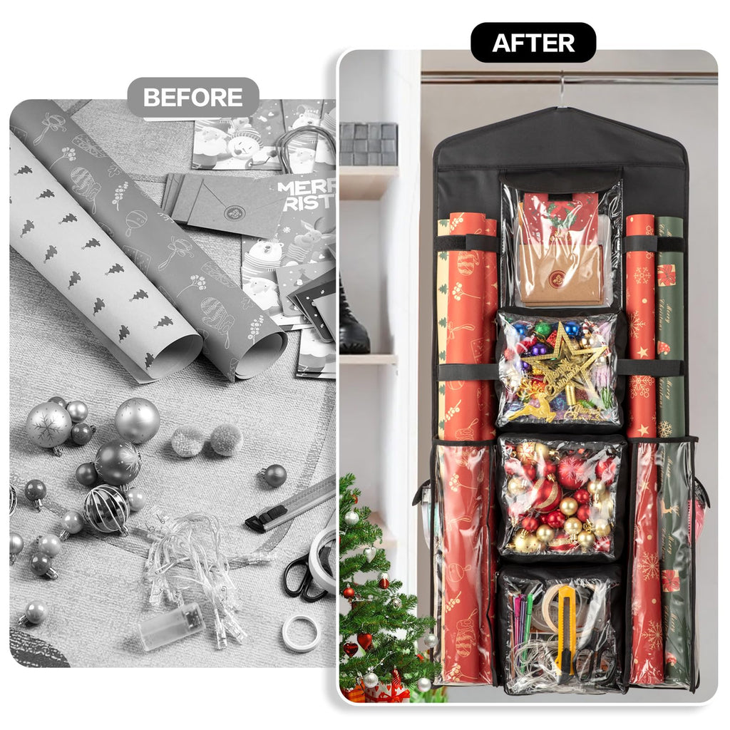 EOLIMEX Christmas Wrapping Paper Organizer Storage, Hanging Gift Bag Storage Organizer, Double-Sided Wrapping Paper Holder Storage - Black