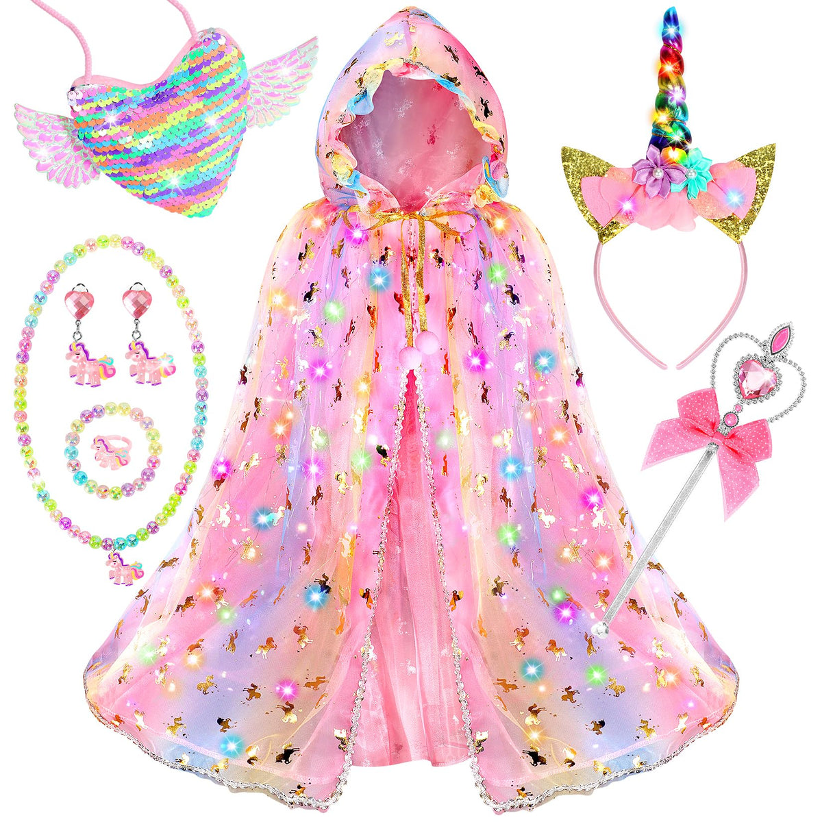 Fedio Princess Dress Up for Girls, Unicorn Light Up Princess Cape Set