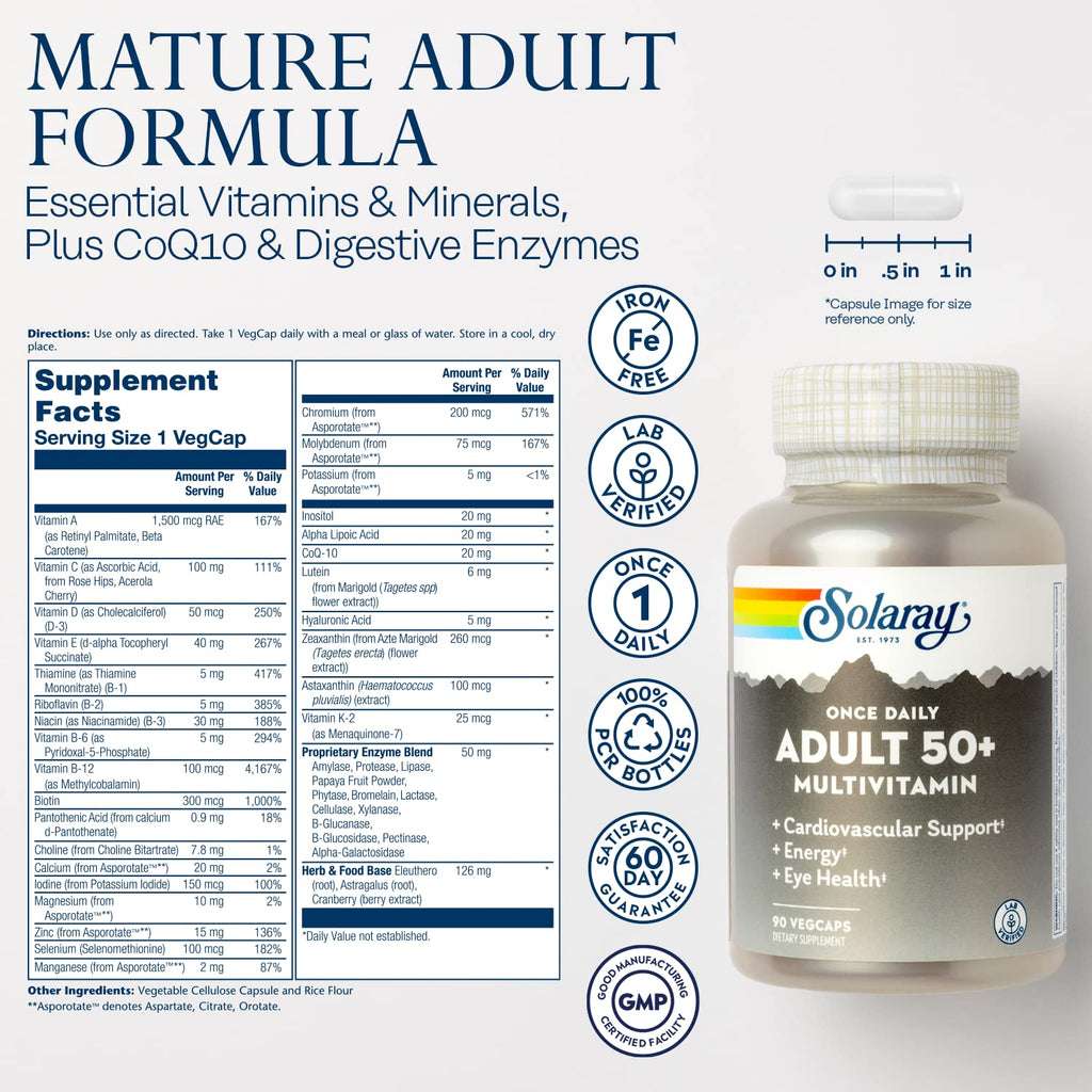 Solaray Once Daily Adult 50+ Complete Multivitamin for Women & Men, Essential Vitamins & Chelated Minerals for Healthy Energy, Heart, Brain & Immune Support, With CoQ10 & Lutein, Iron Free, 90 VegCaps