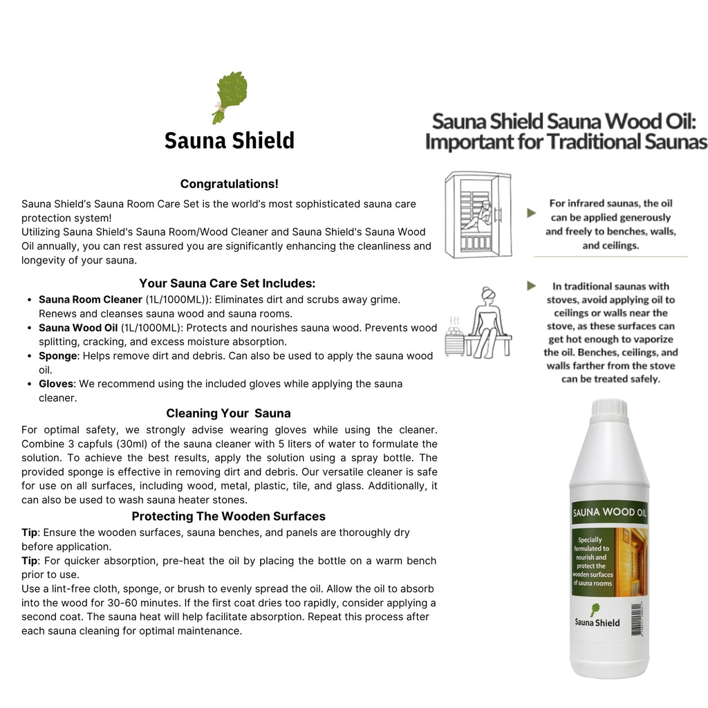 Sauna Shield Sauna Care Set – Sauna Wood Oil & Sauna Cleaner (33.8 fl oz each) with Applicator Sponge & Gloves | Protects, Cleans & Nourishes Sauna Wood | For Traditional & Infrared Saunas