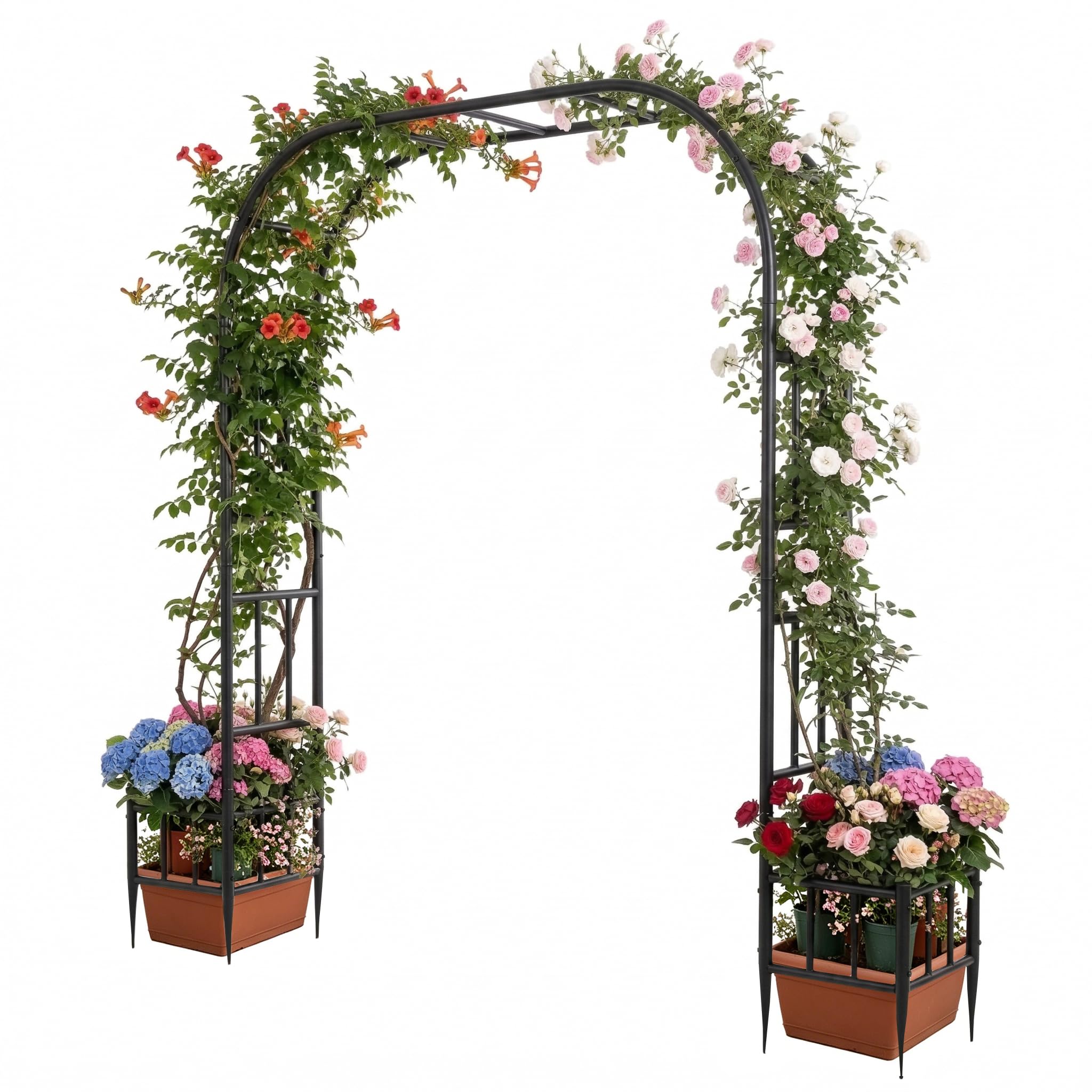 GARDFANCY Garden Arch with Planter Boxes, Metal Arbor Trellis for Climbing Plants Outdoor, Heavy Duty Iron Archway for Wedding Ceremony Party Backyard Lawn Patio Decor, Black