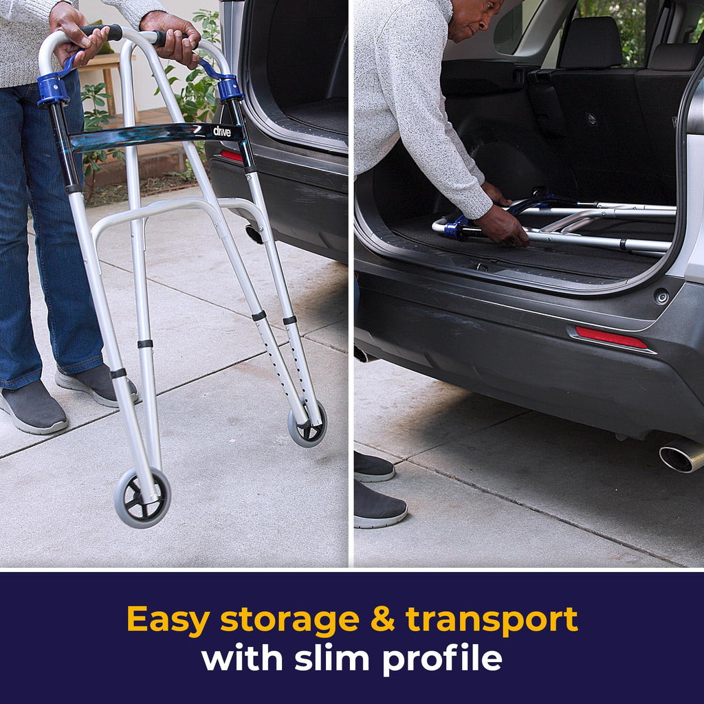 Drive Medical Trigger Release Folding Walker - Lightweight Brushed Steel Design - Easy Trigger Folding Mechanism - 5 Inch Wheels - Contoured Hand Grips - Senior Mobility Aid