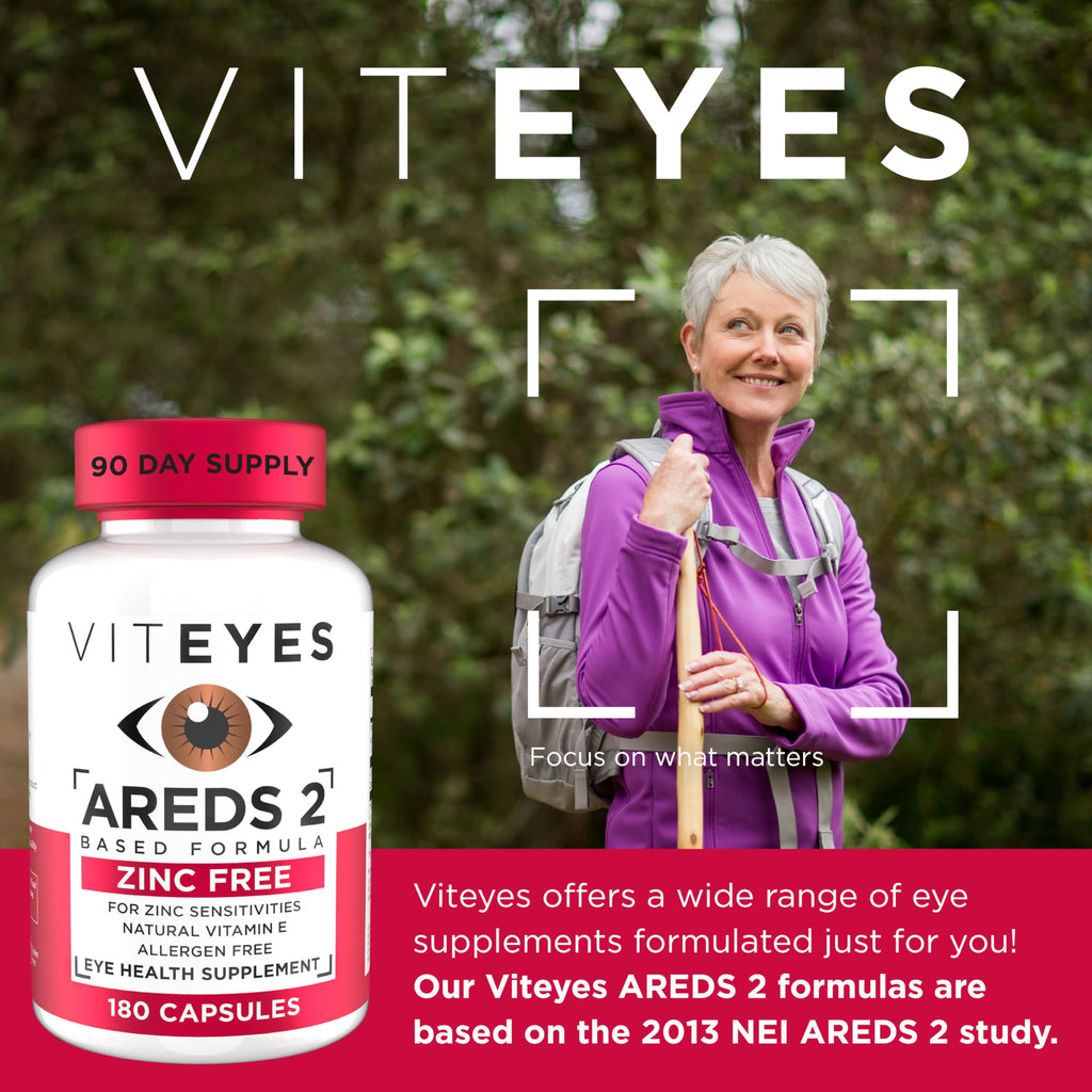 Viteyes AREDS 2 Zinc Free Macular Support, Natural Allergen Free Capsules with Vitamin E, Vitamin C, Lutein & Zeaxanthin, No Zinc, No Copper, Eye Doctor Trusted, Manufactured in The USA, 180 Ct