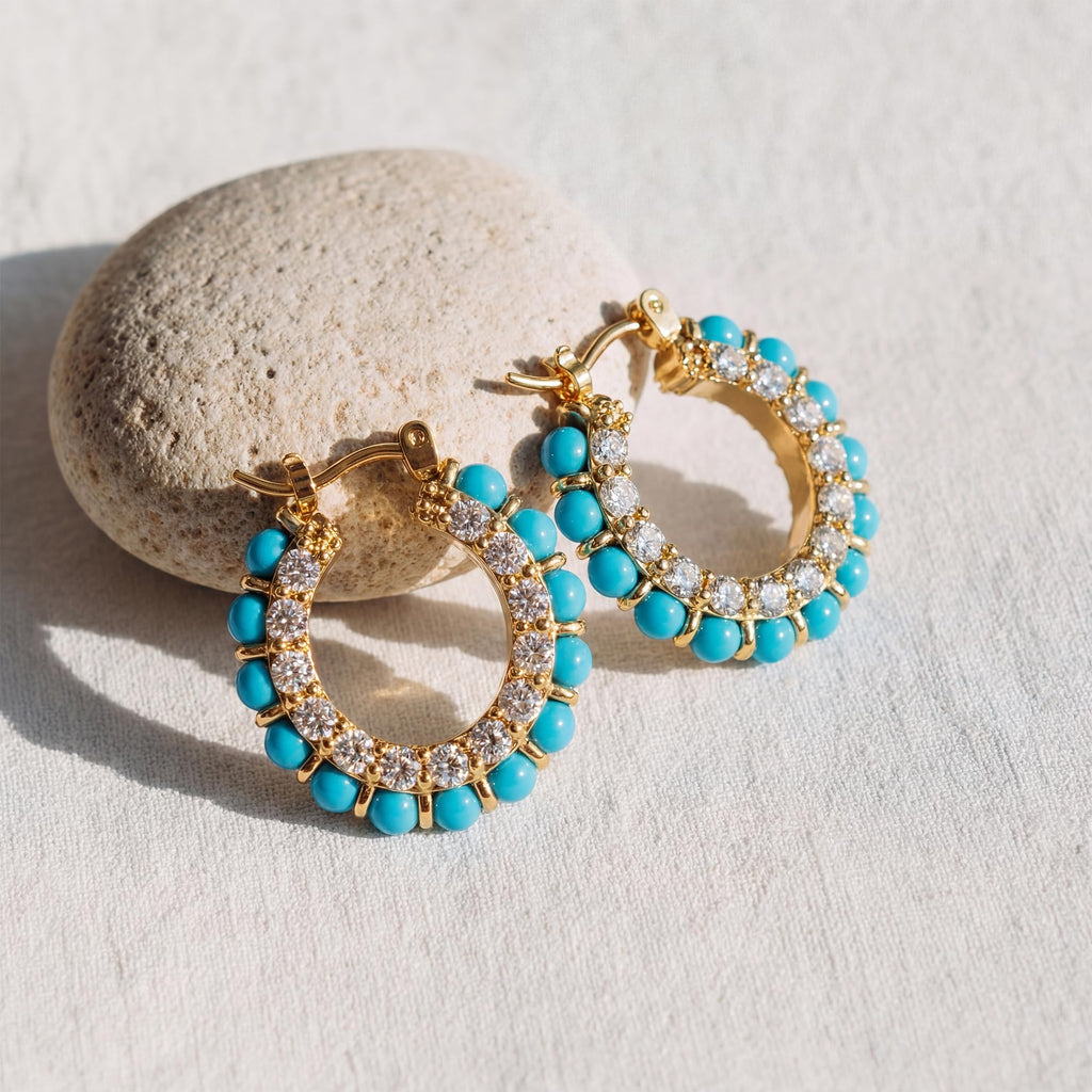 MYEARS Turquoise Hoop Earrings 14K Gold Plated Blue Beaded Cubic Zirconia Earrings Boho Summer Hypoallergenic Everyday Jewelry