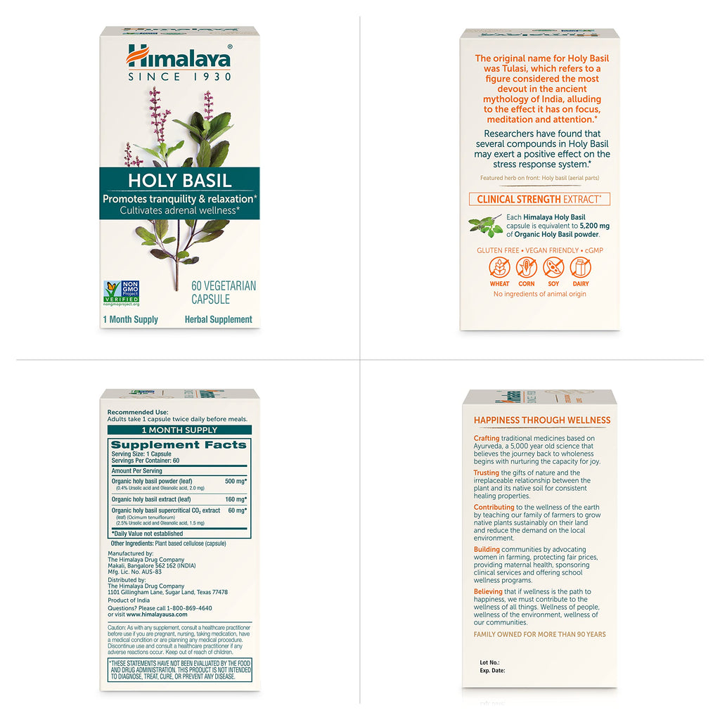 Himalaya Holy Basil, 60 Day Supply - Herbal Adrenal Support for Stress Relief, Relaxation, Energy Support and Occasional Sleeplessness - Vegan, Non-GMO, Gluten Free, 720 mg, 60 Capsules, Pack of 2