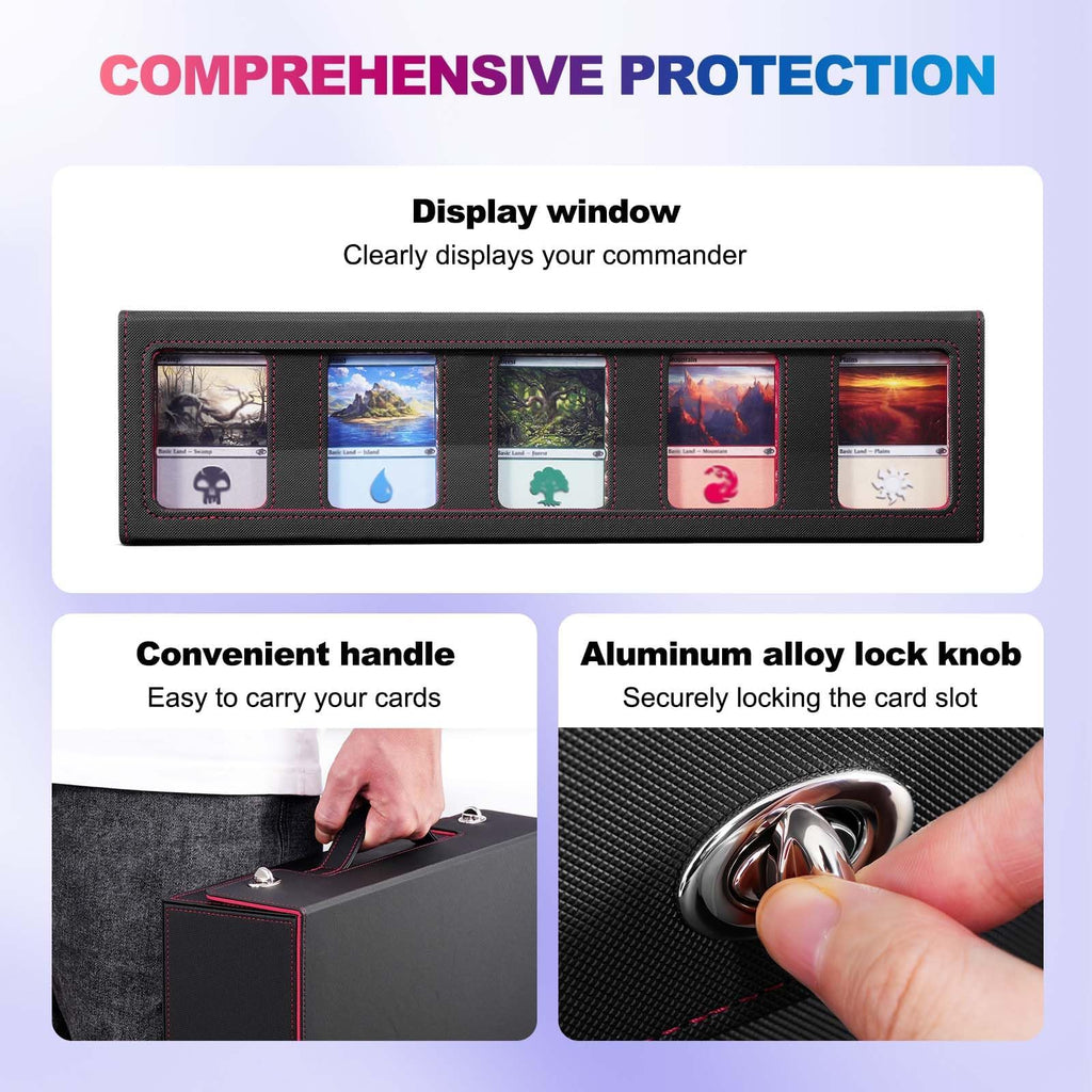UAONO Trading Card Storage Box with Commander Display, 5 Row Magic Card Box with Handle & Aluminum Alloy Locking for 3900+ Unsleeved Cards Suits for MTG PTCG TCG Sports Cards (Black Red)