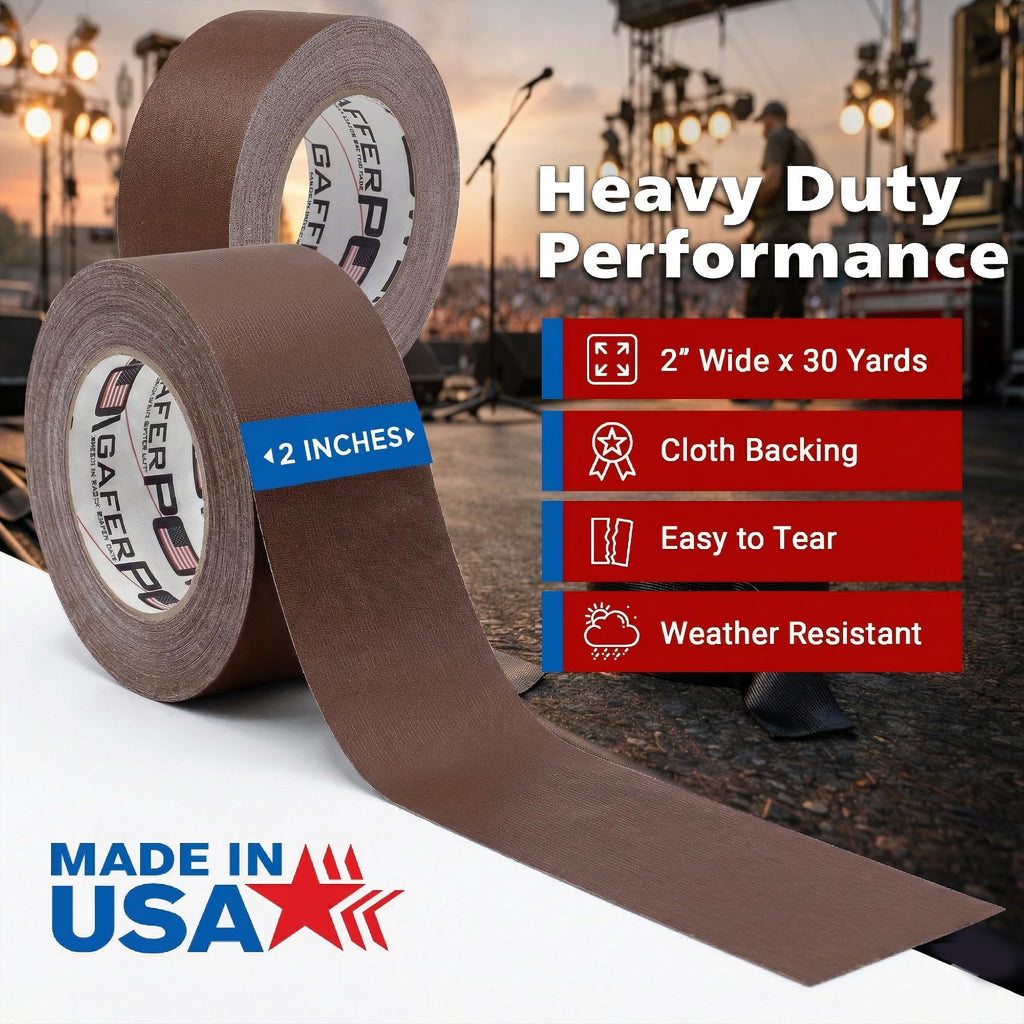 Gaffer Power Brown Gaffer Tape 2” x 30 Yards – Made in USA, Professional Grade, No Residue, Non-Reflective Matte Cloth Tape for Stage, Photography & Cable Management