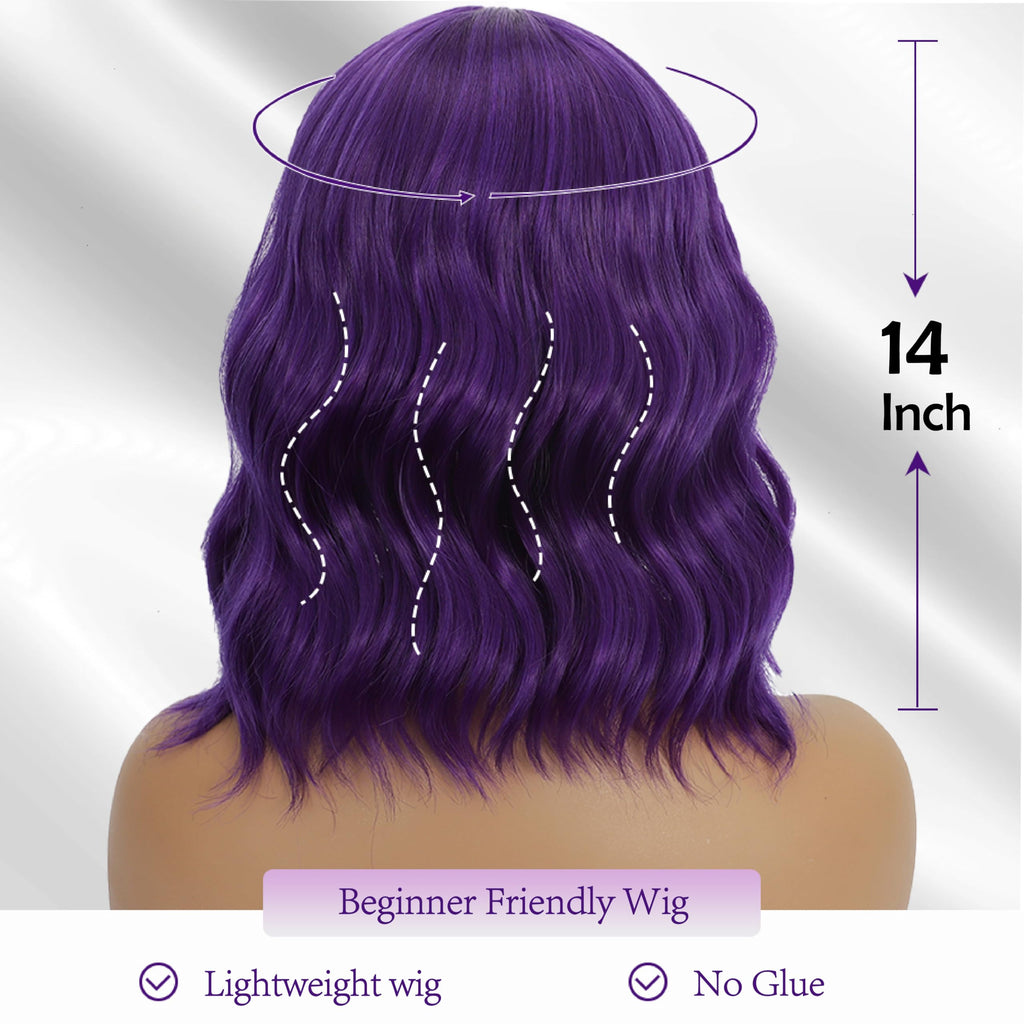 Mxayhnajxl Dark Purple Wigs with Bangs for Women 14 Inch Short Wavy Bob Wigs Synthetic Bob Wig Curly Wig Heat Resistant Colorful Wavy Wig Cosplay Wigs For Daily Party Halloween