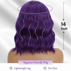Mxayhnajxl Dark Purple Wigs with Bangs for Women 14 Inch Short Wavy Bob Wigs Synthetic Bob Wig Curly Wig Heat Resistant Colorful Wavy Wig Cosplay Wigs For Daily Party Halloween