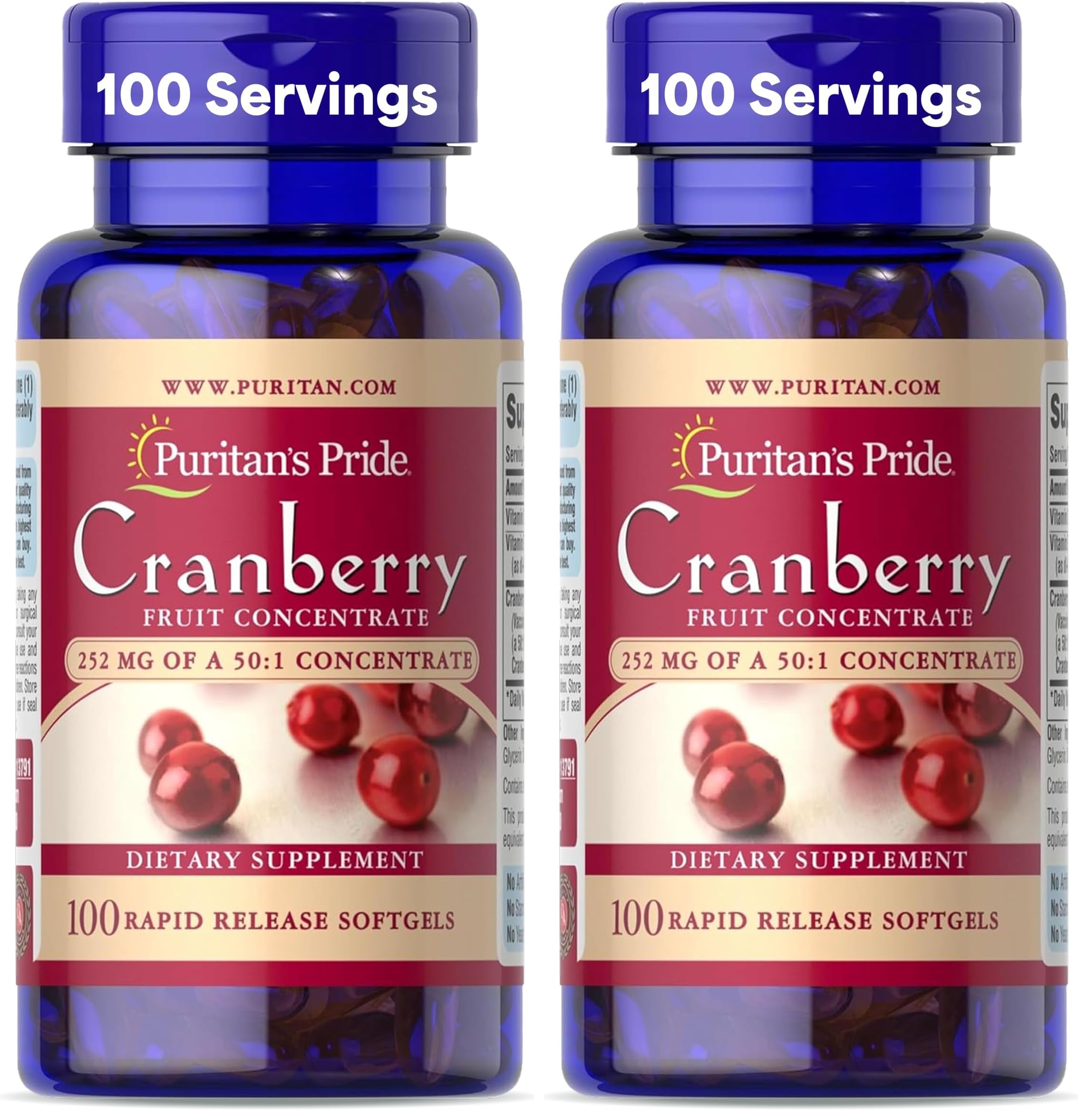 Puritan's Pride Premium Cranberry Fruit Concentrate 252mg (12,600mg Equivalent) with Vitamins C and E, Dietary Supplement for Immune System Support, 100 Rapid Release Softgels,(Pack of 2)