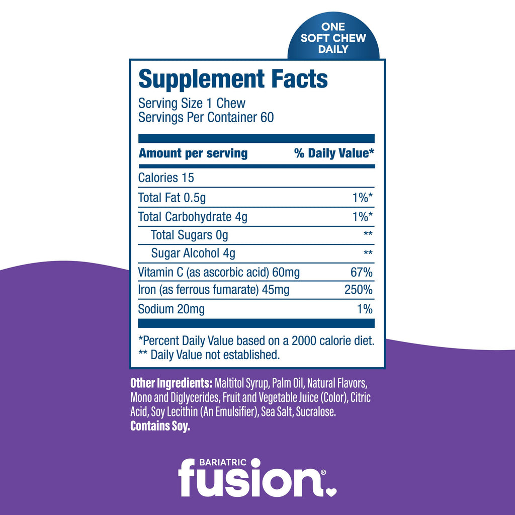 Bariatric Fusion Iron Supplement for Women Anemia | Chewable Iron with Vitamin C | Grape Flavored Soft Chew | Gentle on Stomach Ferrous Fumarate for Women and Men | Gluten Free | 60 Count