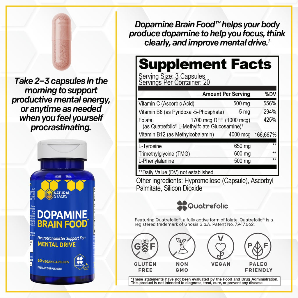 NATURAL STACKS Dopamine Brain Food - 650mg L-Tyrosine Supplement - Dopamine Supplement for Focus & Mental Drive - Supports Mental Energy - Neurotransmitter Support with B Vitamins - 60 Capsules