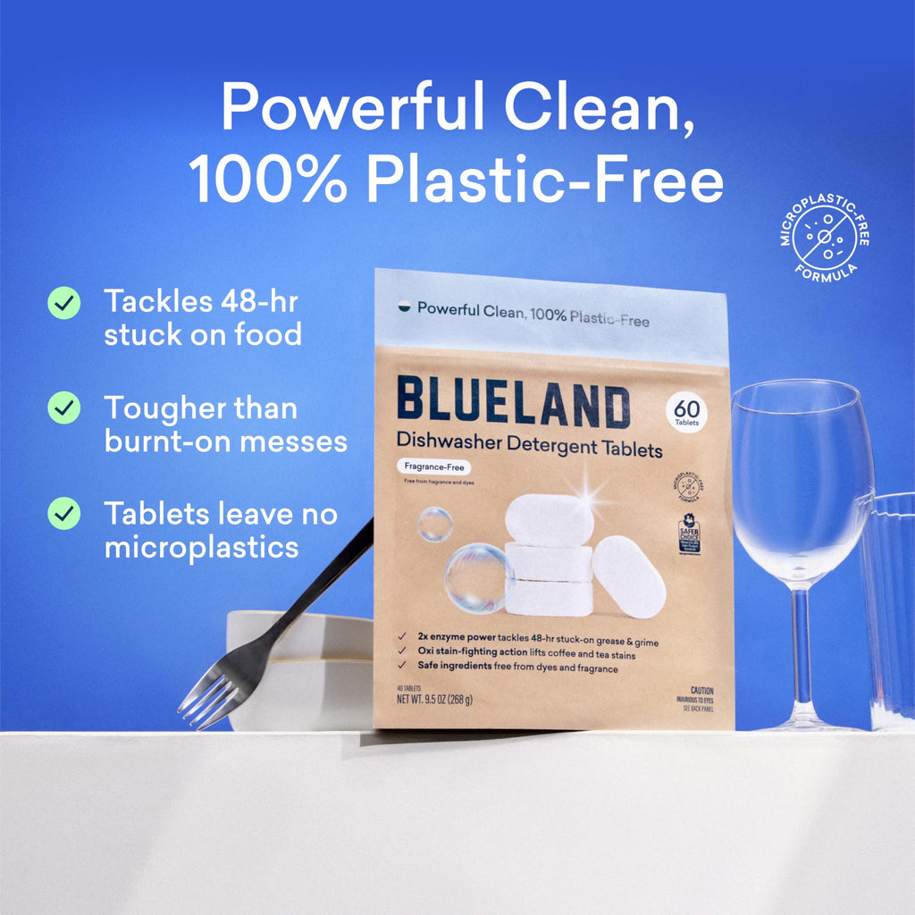 BLUELAND 100% Plastic-Free Dishwasher Detergent Tablets, 60 Count, Unscented Eco Friendly Dishwashing Pods, Natural, Sustainable