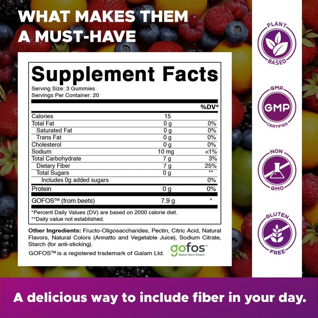 Vitamatic Prebiotic Fiber Gummies for Adults – 2 Pack (Total 120 Gummies) 7g Fiber per Serving | Extra Strength | Zero Sugar Added | Pectin-Based | Digestive Health & Regularity Support