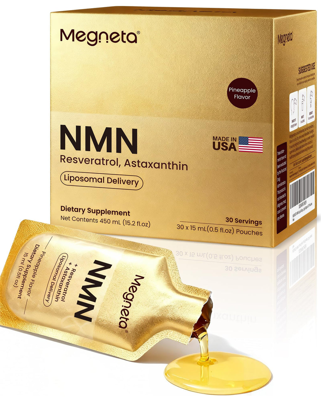MEGNETA NMN 600mg Liposomal Liquid Pouches with Resveratrol 150mg, PQQ, CoQ10 & Astaxanthin-High Absorption NAD+ Supplement for Cellular Energy, Healthy Aging & Longevity - Vegan - 30 Servings