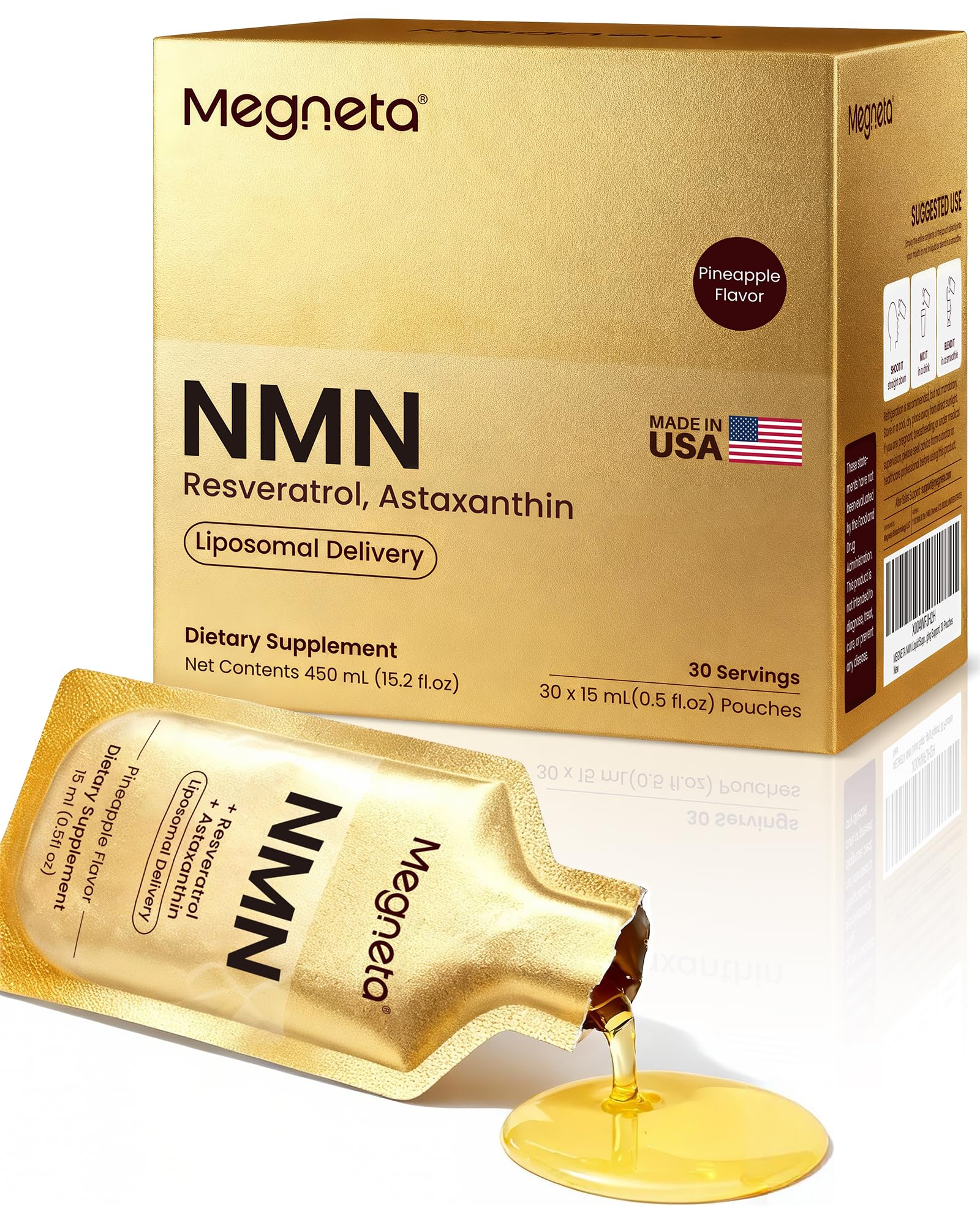 MEGNETA NMN 600mg Liposomal Liquid Pouches with Resveratrol 150mg, PQQ, CoQ10 & Astaxanthin-High Absorption NAD+ Supplement for Cellular Energy, Healthy Aging & Longevity - Vegan - 30 Servings