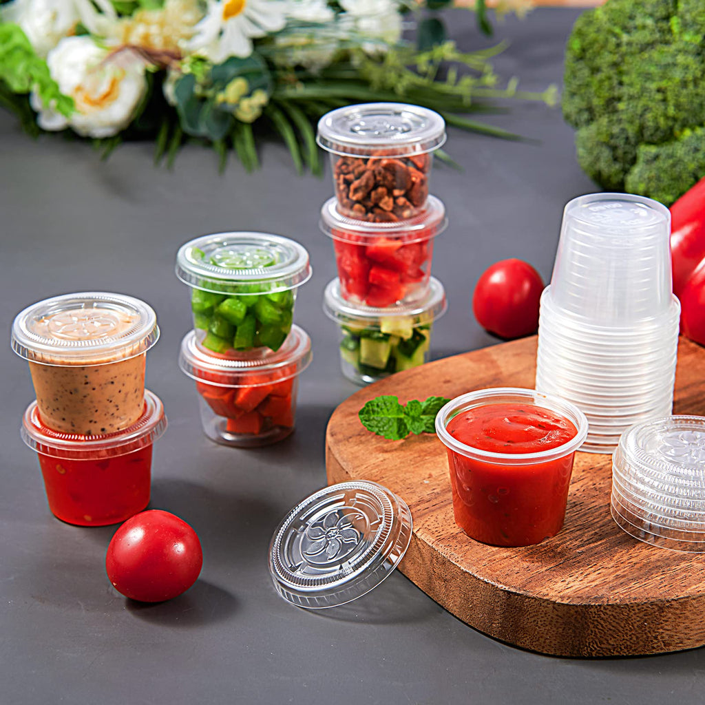 Lilymicky 400 Sets 1 oz Disposable Plastic Portion Cups with Lids, Small Plastic Condiment Containers for Sauce, 1 oz Jelly Shot Cups