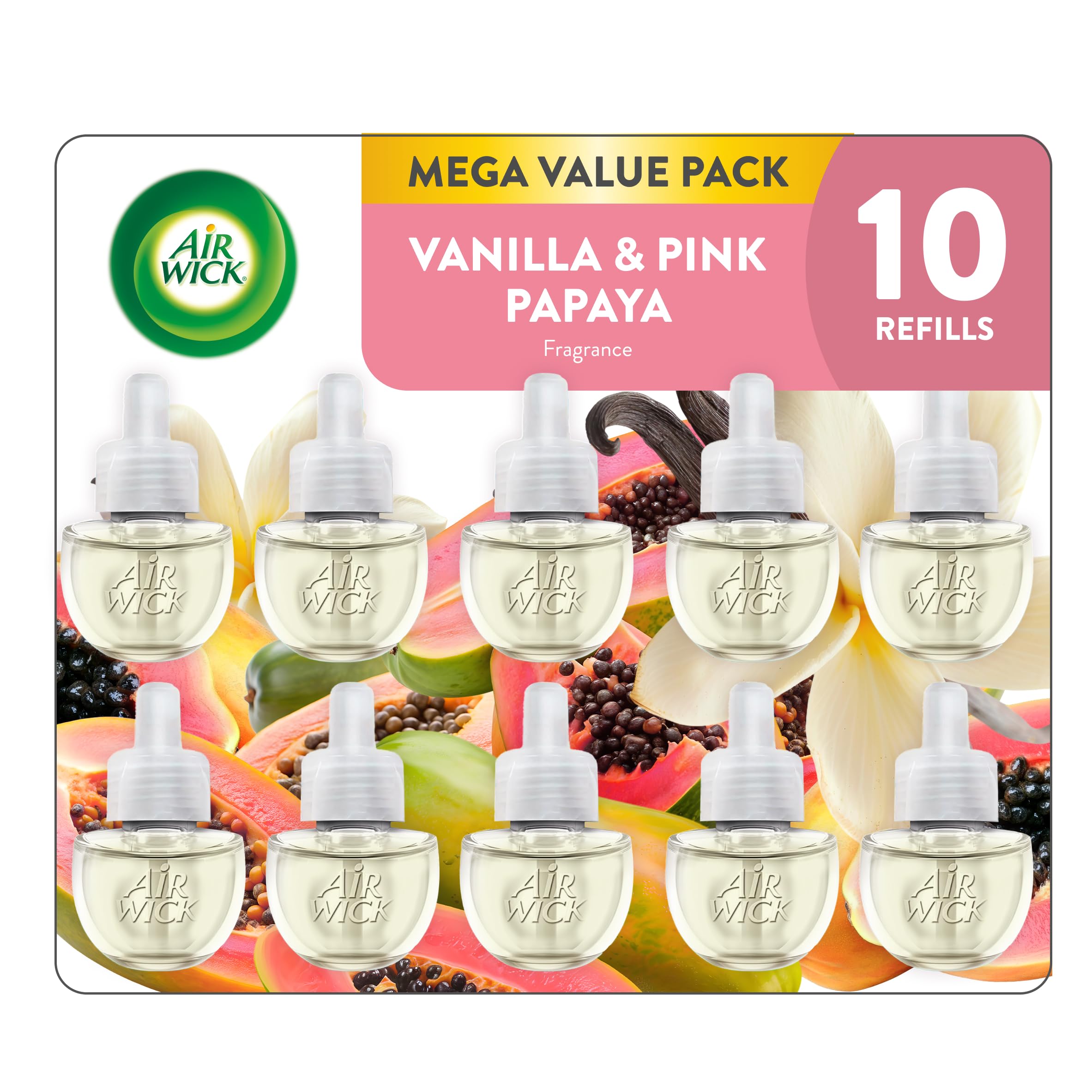 Air Wick Plug-In Scented Oil Refills, 10 Count, Vanilla and Pink Papaya, Air Freshener, Essential Oils, Eco Friendly
