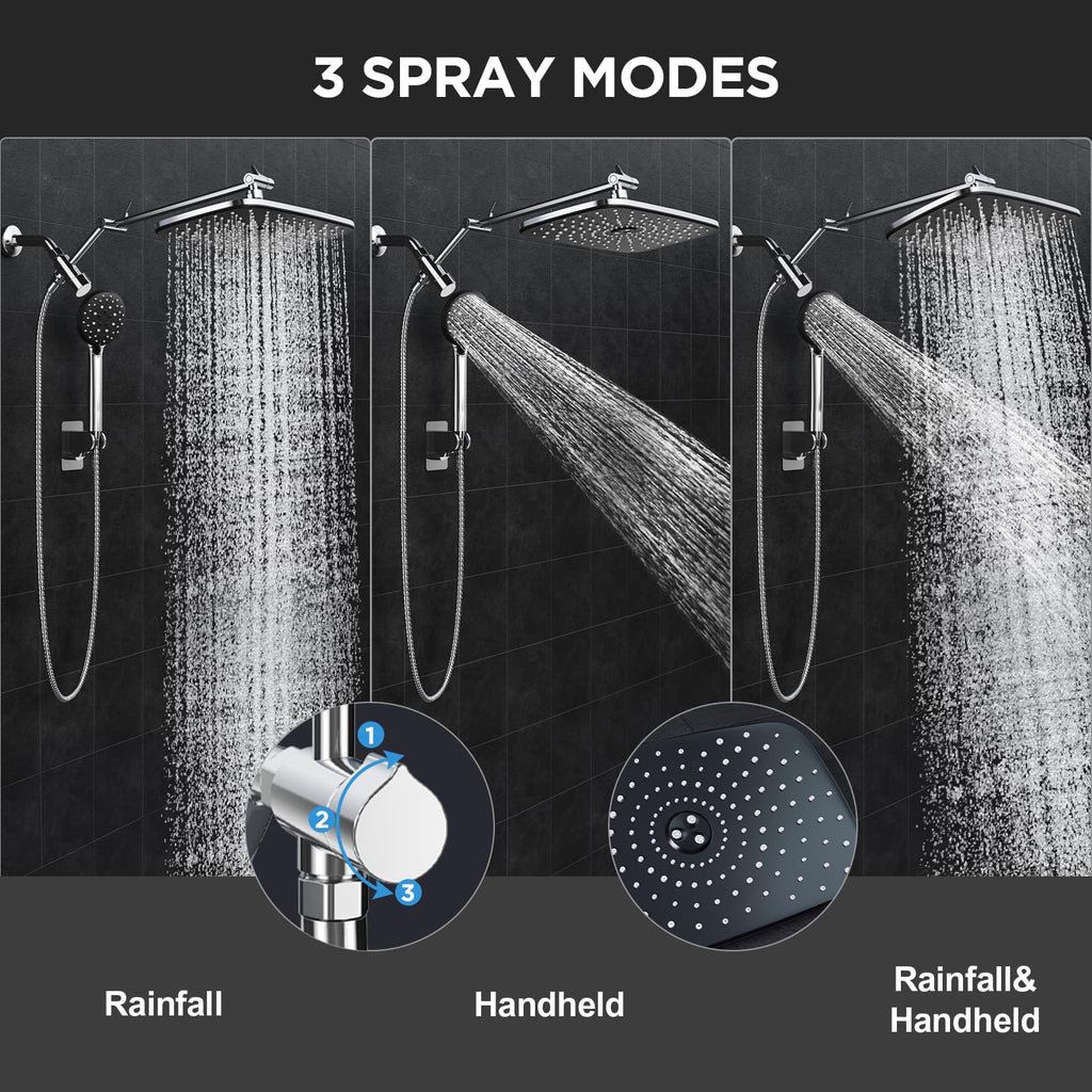 Veken 11.8" Rain Shower Head with Handheld, High Pressure Handheld Shower with Multi Spray Modes, Rainfall Combo with 15" Metal Extension Arm, Detachable Dual Shower, Bathroom Decor, Chrome Silver