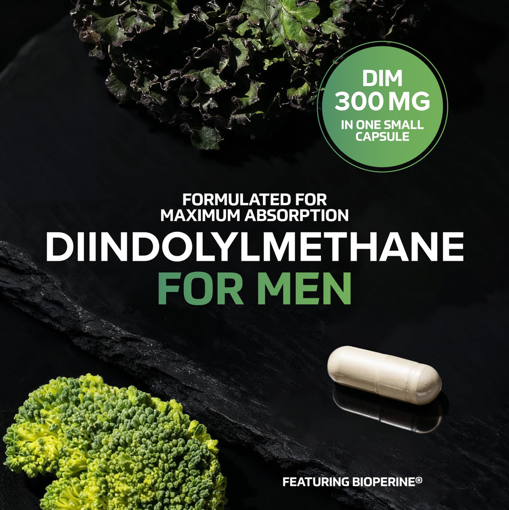 DIM Supplement for Men 300mg | Estrogen Blocker & Aromatase Inhibitor | Extra Strength Men’s Hormone Balance & Fitness Booster with Diindolylmethane Plus CDG & Broccoli Floret | Gluten-Free | 120 Ct