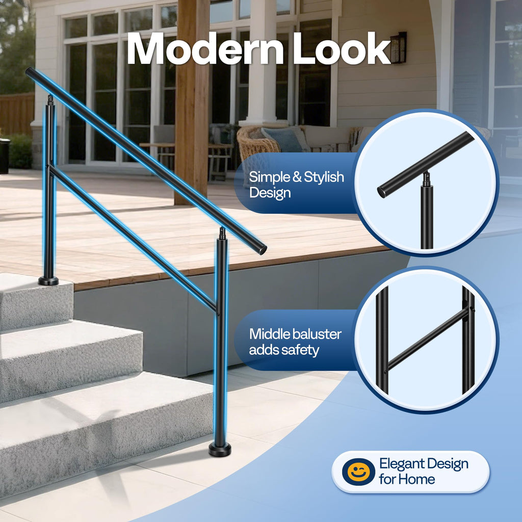 VIVOHOME 2-Pack Hand Rails for Outdoor Steps, Galvanized Steel Railing, Straight Round Exterior Hand Railing for Porch, Deck, or Indoor Stairs, 4 Step Railing Kit