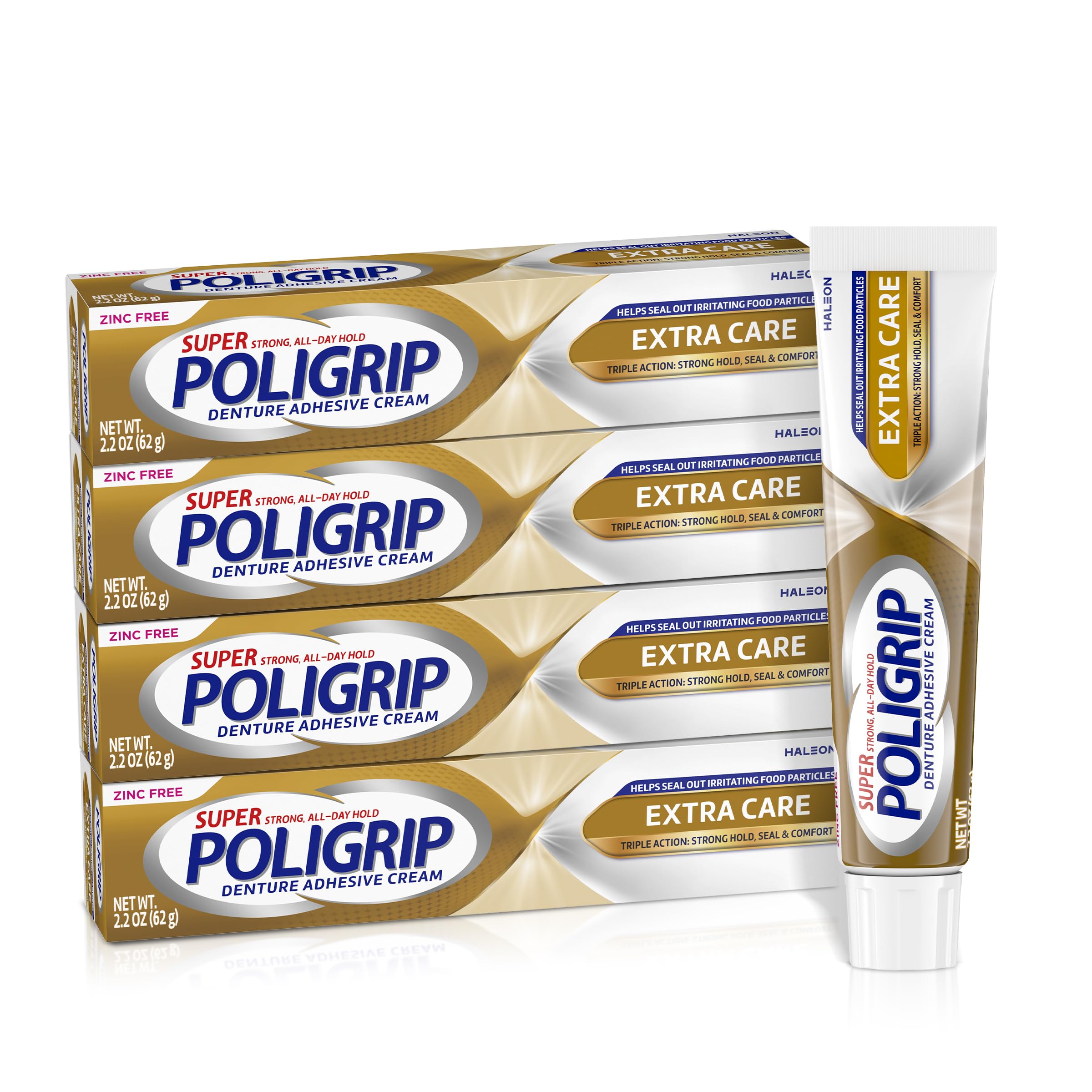 Super Poligrip Extra Care Denture Adhesive Cream, Zinc Free Denture Cream - 2.2 Ounce (Pack of 4)