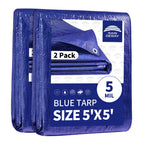 RAINDEWAY Small Tarps 5x5 Feet (2 Pack) 5 Mil Thick Waterproof Blue Tarp Multipurpose Tear Resistant Poly Tarp Cover for Roof Camping Car Patio