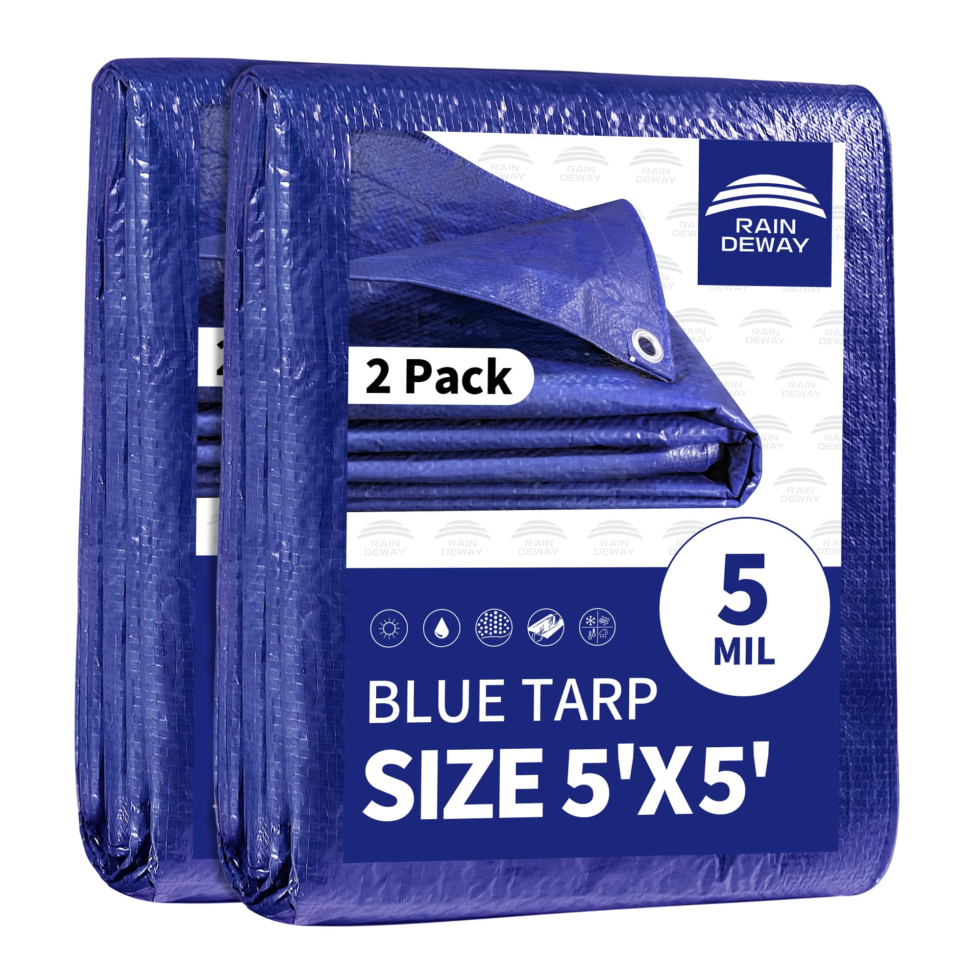 RAINDEWAY Small Tarps 5x5 Feet (2 Pack) 5 Mil Thick Waterproof Blue Tarp Multipurpose Tear Resistant Poly Tarp Cover for Roof Camping Car Patio