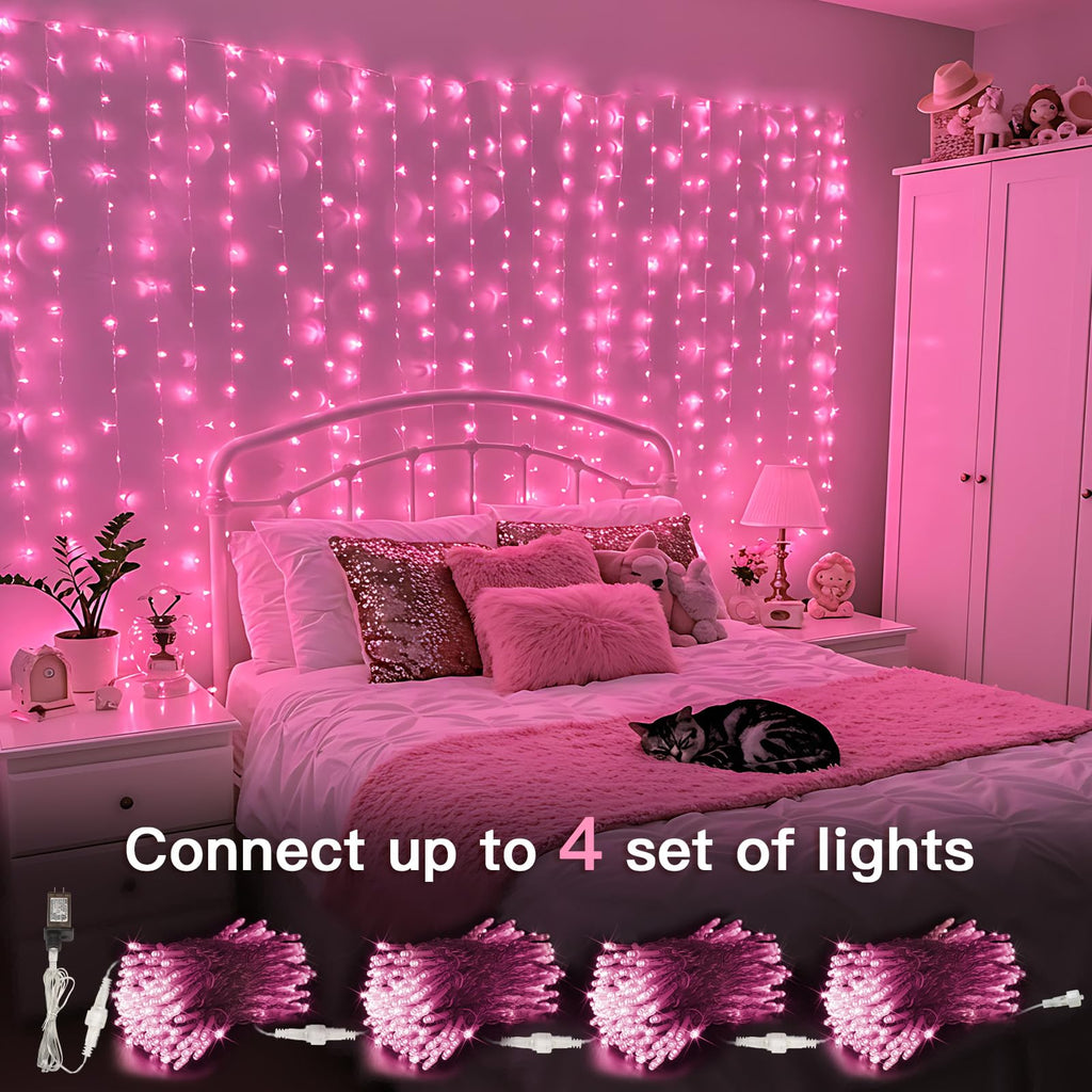 suddus Curtain Lights for Bedroom, 300 Led 9.8ft x 9.8ft Hanging String Lights Outdoor, Fairy Curtain Lights for Backdrop, Window, Wall, Wedding, Party,Birthday Decoration,Pink