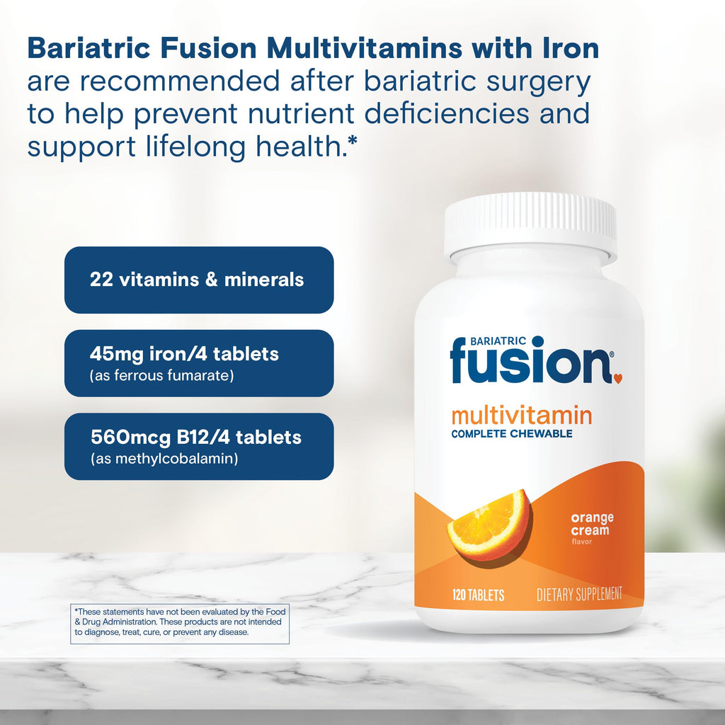 Bariatric Fusion Orange Cream Flavored Complete Chewable Bariatric Multivitamin with Iron for Bariatric Surgery Patients Including Gastric Bypass and Sleeve Gastrectomy - 120 Tablets