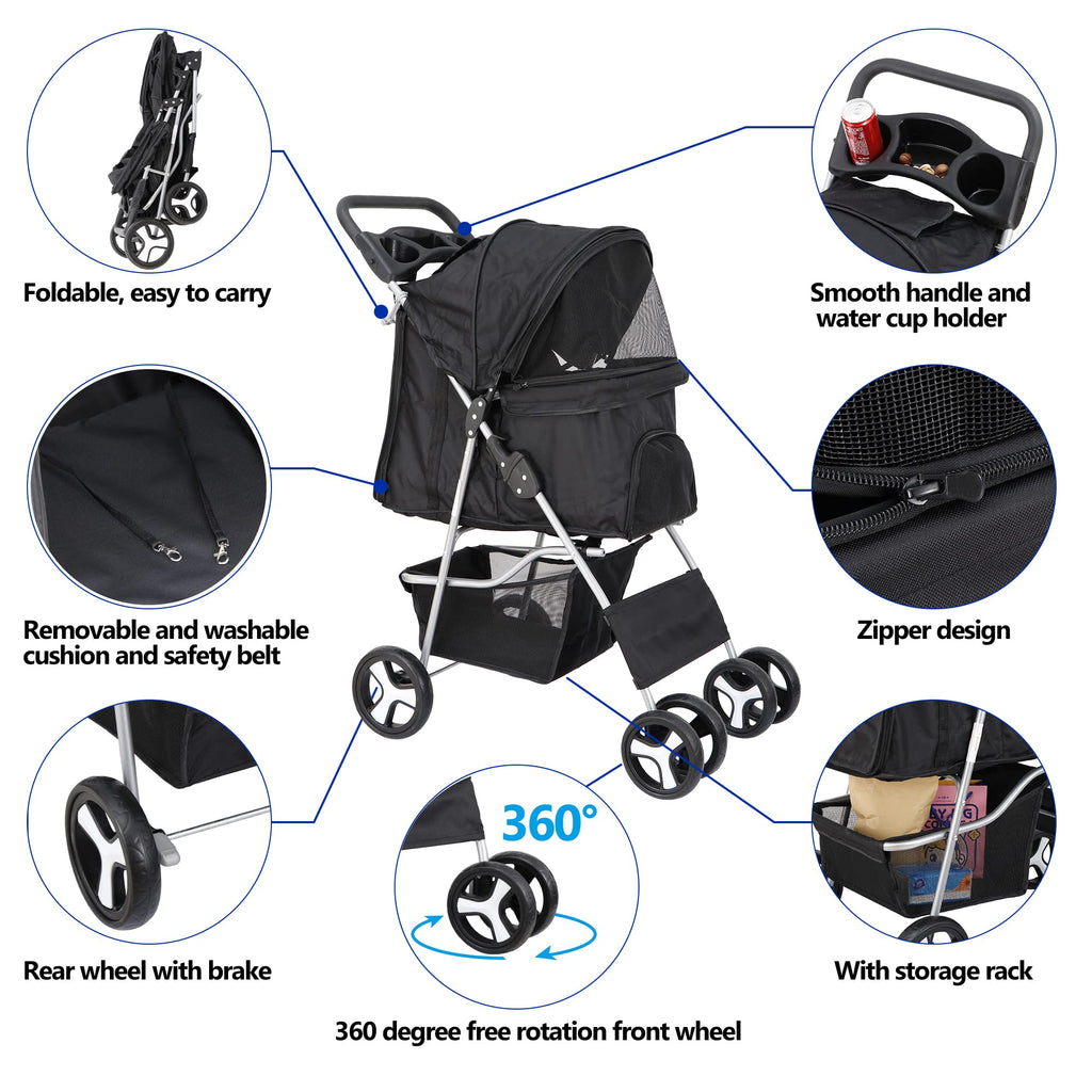 LEMY 4 Wheels Pet Dog Cat Stroller for Small Medium Dogs Cats,Black Foldable Jogger Travel Puppy with Detachable Carrier