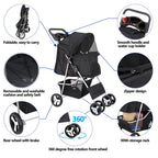 LEMY 4 Wheels Pet Dog Cat Stroller for Small Medium Dogs Cats,Black Foldable Jogger Travel Puppy with Detachable Carrier