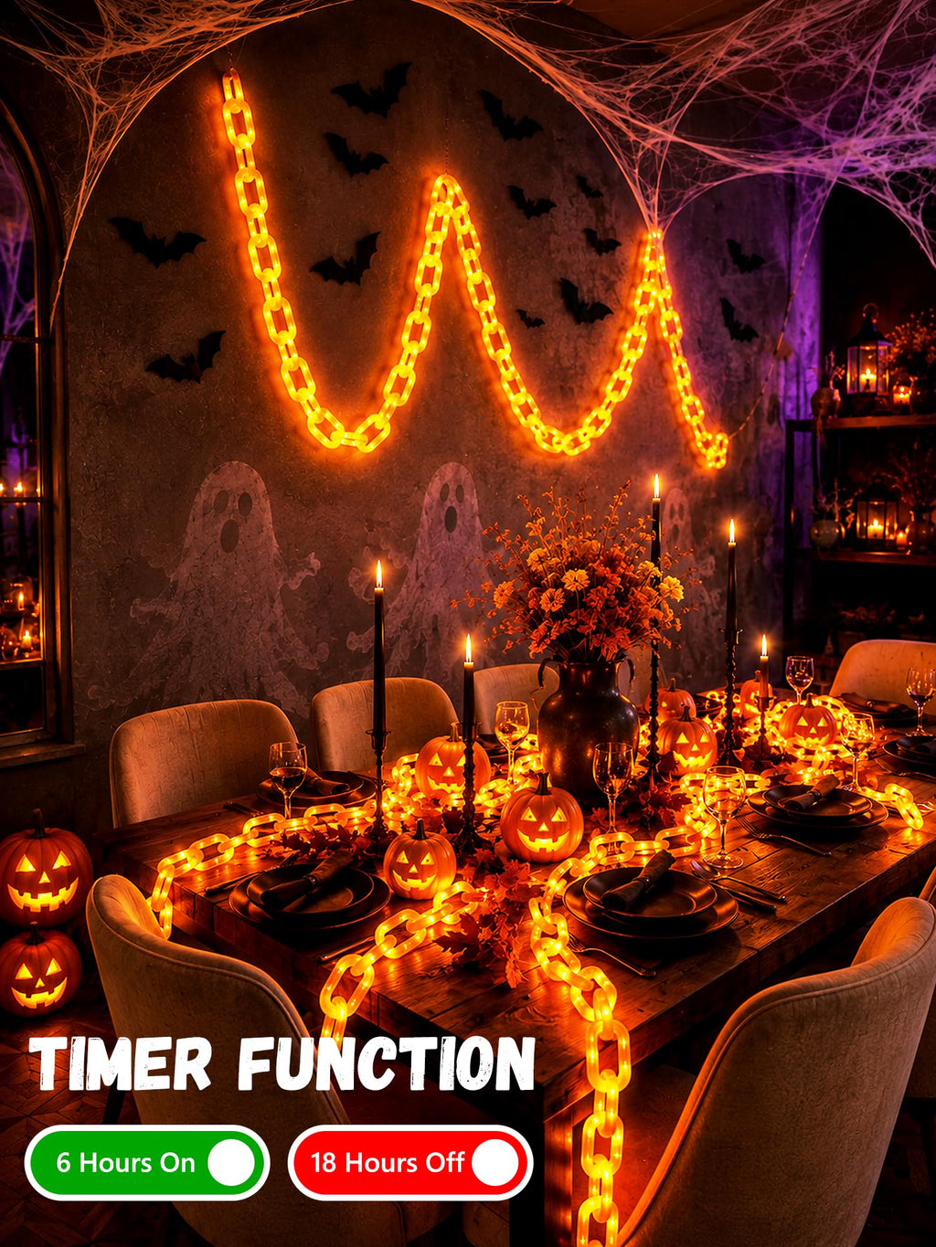 Battery Halloween Chain Lights, 10 FT 160 LED Orange Light-Up Plastic Timer