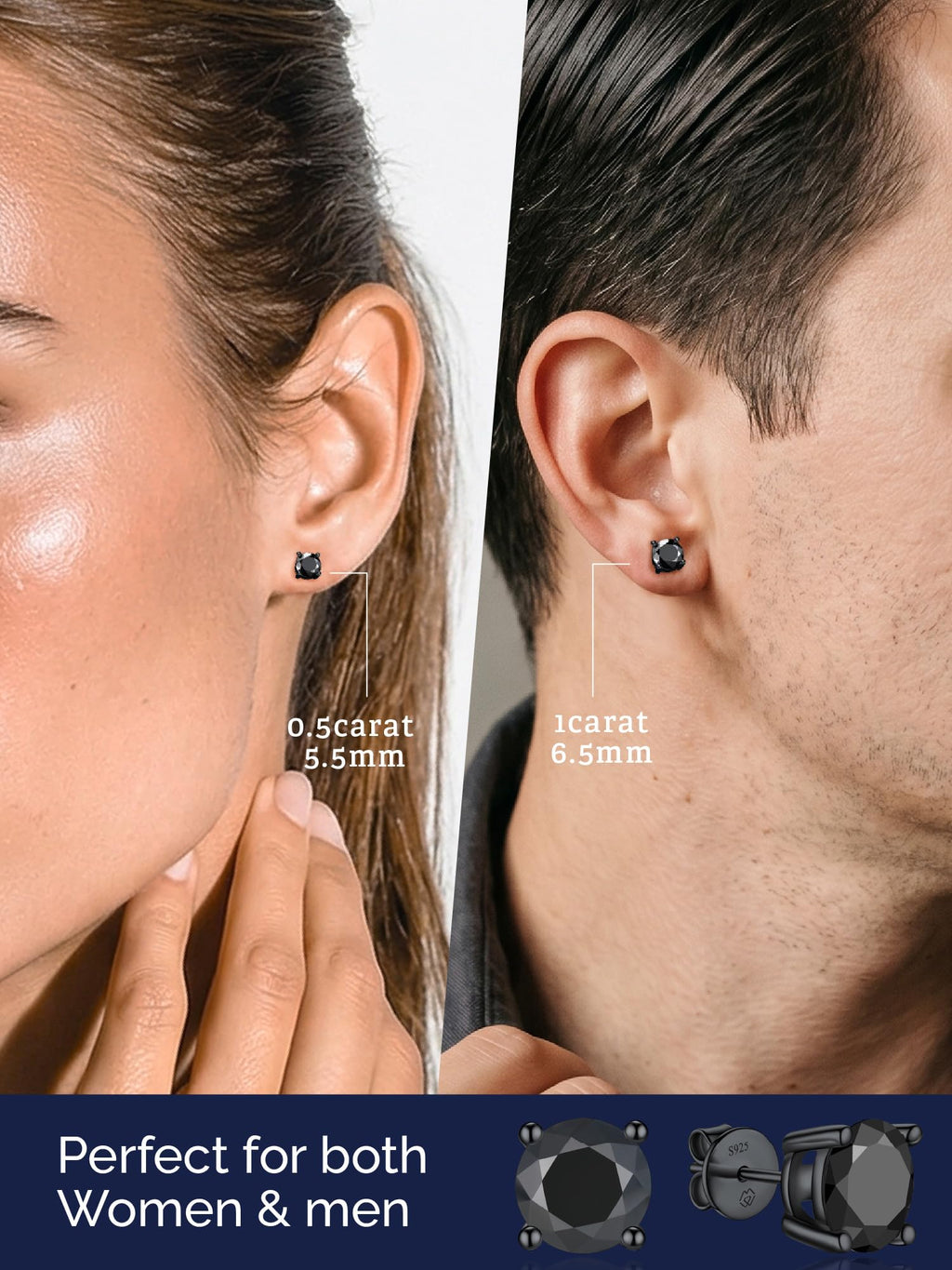 MomentWish Black Stud Earrings for Men 1Carat D Color VVS1 Moissanite Earrings for Men Black Diamond Earring 925 Sterling Silver Mens Jewelry