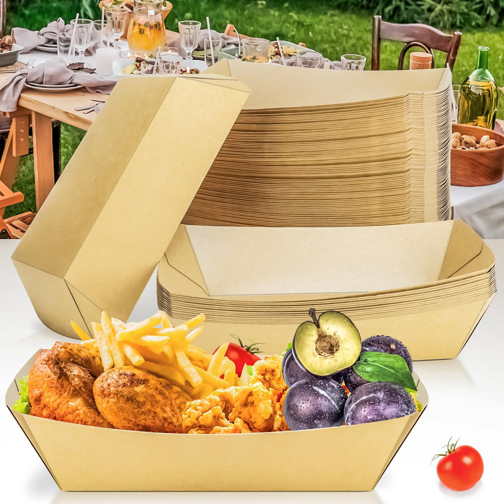 MotBach 100 Pack 5LB Extra Large Paper Food Boats Trays Disposable Paper Boat, Heavy Duty Kraft Food Serving Tray Boat Basket for Snack Popcorn Sandwich Burger Taco BBQ Dessert Fries Nacho