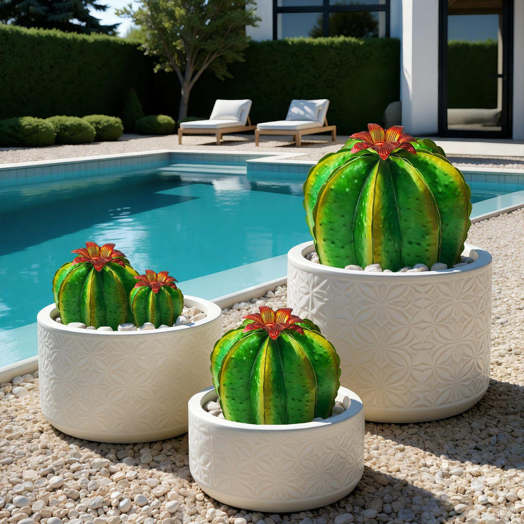KODIBO Metal Cactus Yard Art, 4-Pack Artificial Barrel Cactus with Flower