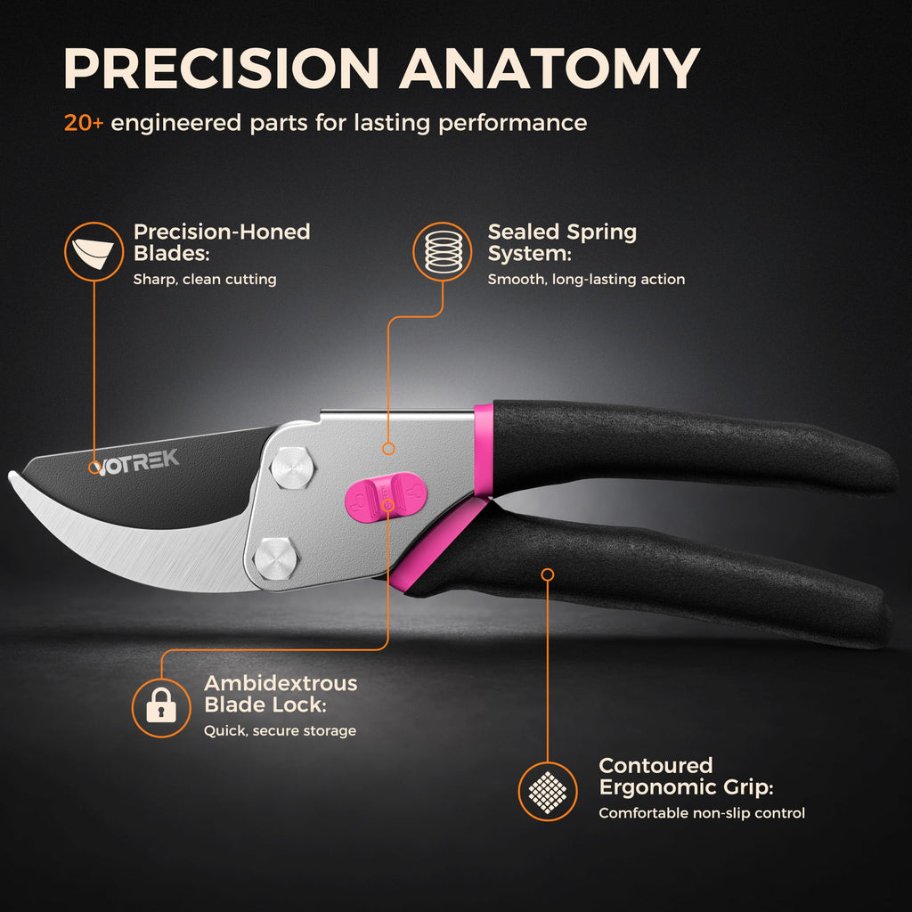 VOTREK® 8.5" Bypass Pruning Shears, Jam-Proof Spring Clippers for Roses