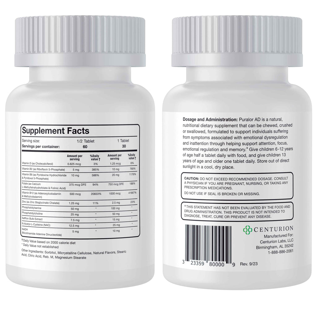 Centurion Premium Puralor AD, Cognitive and Focus Supplement for Kids with Saffron, Folate, Vitamin C, D and Zinc, 30 Chewable Tablets