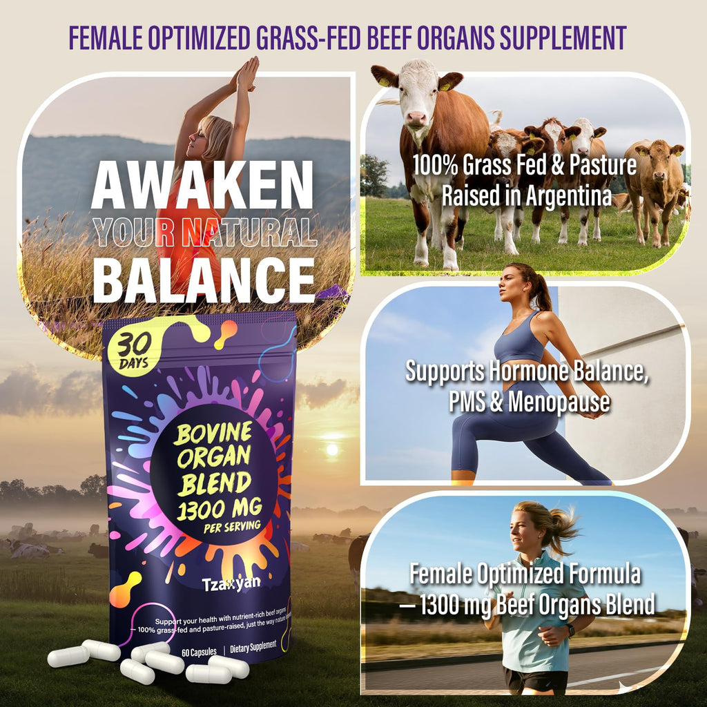 tzaxyan 1300MG Beef Organ Supplement for Women, 100% Grass Fed Beef Liver, Uterus, Ovary & 3 More, Bovine Organ Capsules for Supports Women's Overall, Endocrine Balance, Energy, Immunity, 30 Days