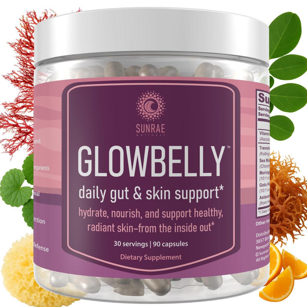 Sunrae Wellness Glowing Skin Supplement with Gotu Kola, Moringa, Sea Moss, Astaxanthin & Tremella Mushroom – for Skin Hydration, Gut Health, Anti-Aging & Radiance – 90 Capsules