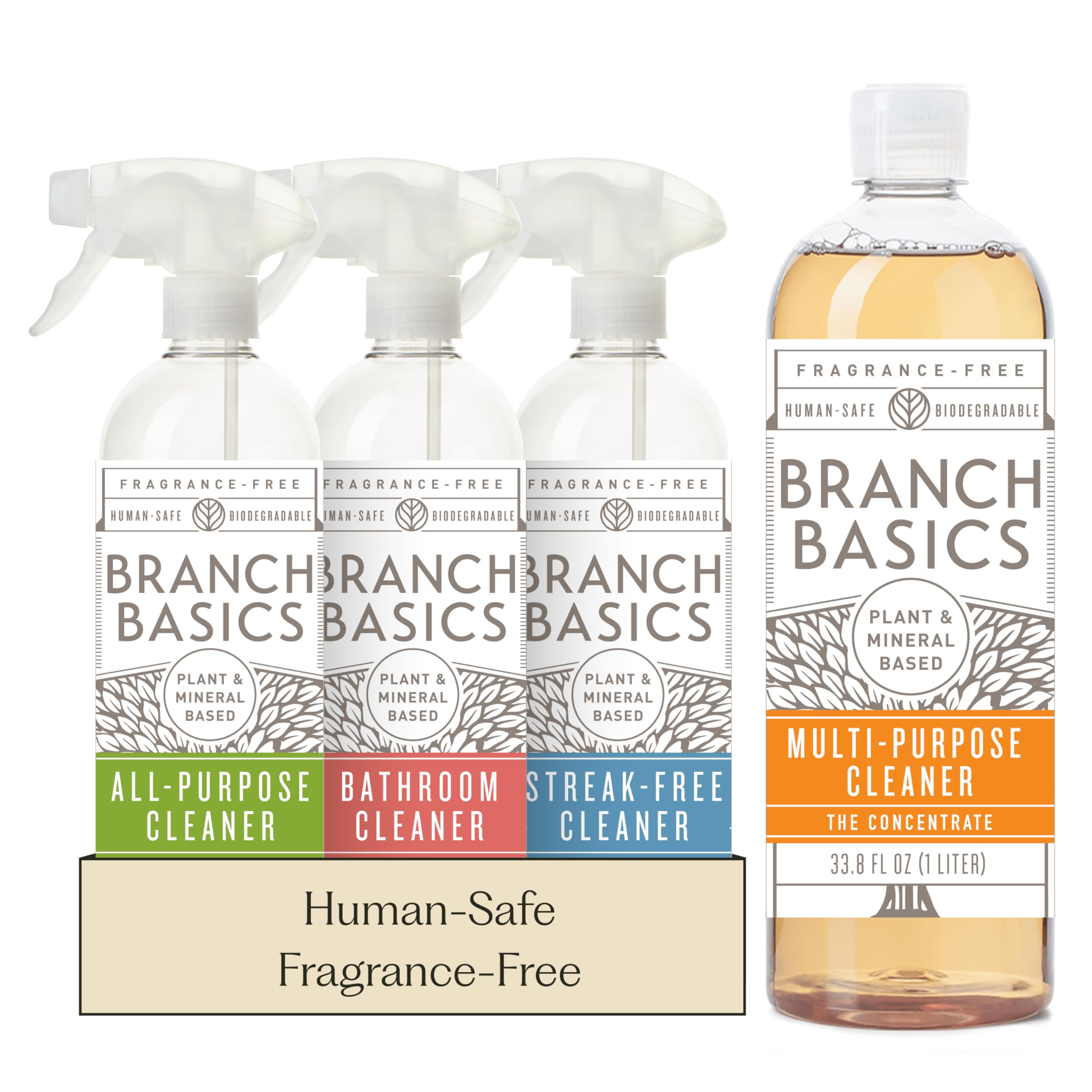Branch Basics Cleaning Essentials Kit: All Purpose, Glass and Bathroom Cleaner - Concentrate (33.8 Oz) (17 Refills) + Refillable Plastic Spray Bottles (24 Oz) Plant Based, Human-Safe, & Fragrance Free