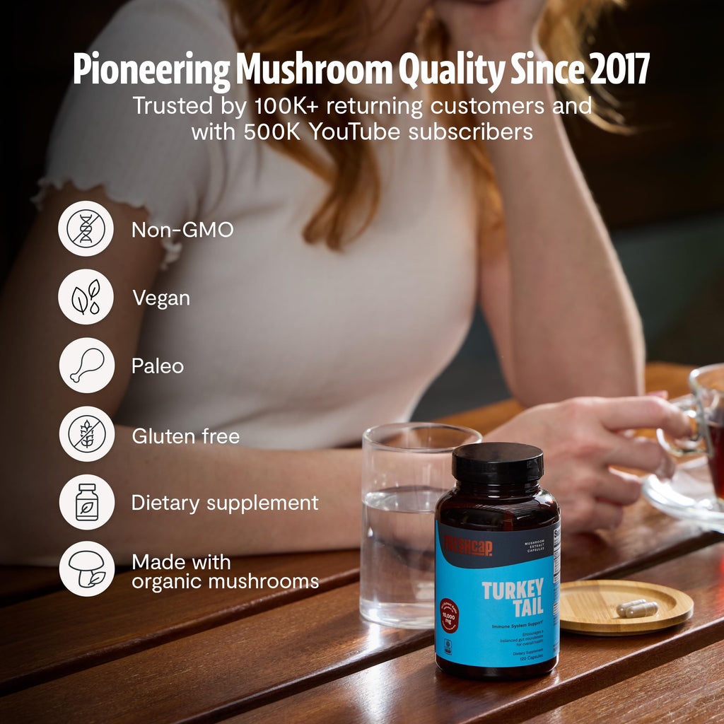 FreshCap Mushrooms Premium Organic Turkey Tail Supplement Capsules - 10:1 Fruiting Body Extract with 35% Beta-Glucans - 3rd-Party Tested - Supports Daily Immunity and Gut Resilience (120 Capsules)