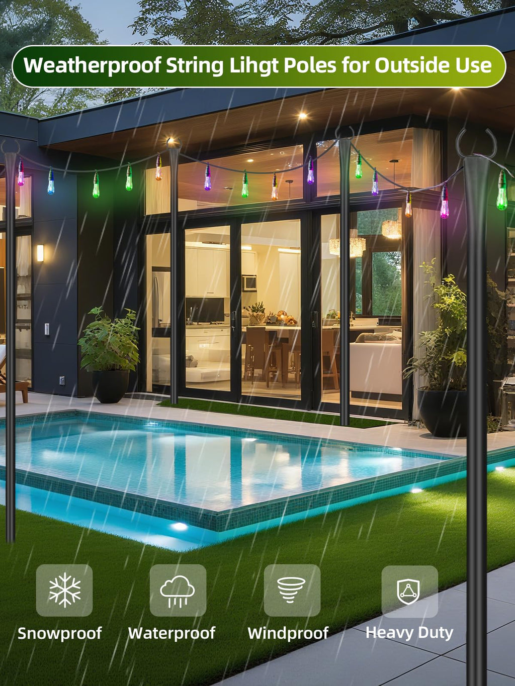 LRYXEG String Light Poles for Outside 4 Pack, 10ft Metal Outdoor String Light Poles for Deck - Ideal for Patio, Garden, Yard, Front Porch Decorations, Black