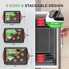 NutriChef 3‑Piece Nonstick Cookie Sheets – Carbon Steel Baking Sheet Set with Non Stick Coating & Red Silicone Handles – Oven Pans for Family Baking