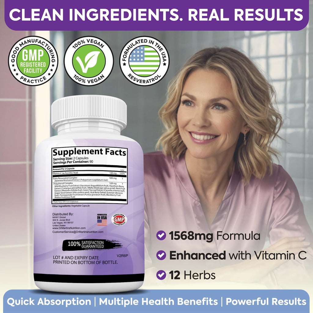 Extra Strength Resveratrol 1568mg - 180 Capsules - 3 Months Supply | Antioxidant Supplement | Natural Trans-Resveratrol Pills | for Anti-Aging, Heart Health, Immune System & Brain Function
