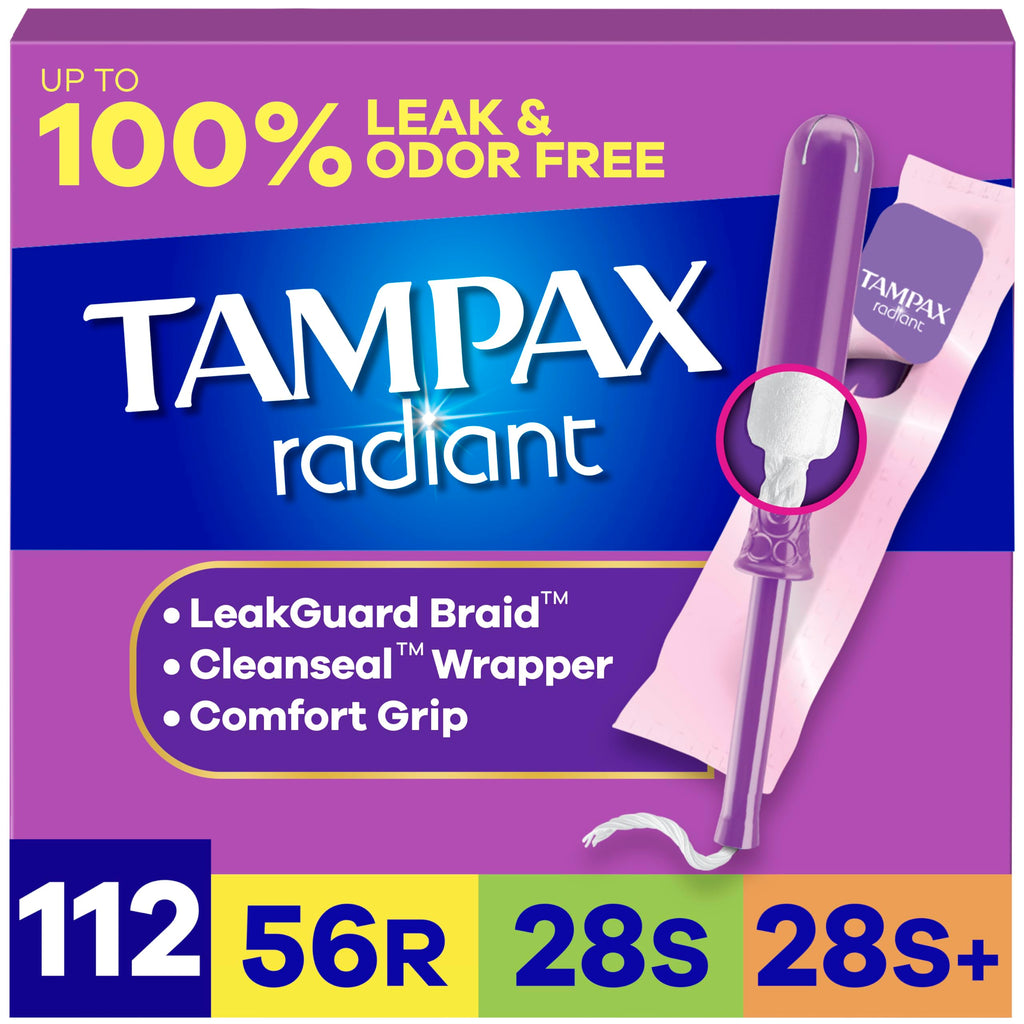 Tampax Radiant Tampons for Women Multipack, with LeakGuard Braid, Regular/Super/Super Plus Absorbency, Unscented, 112 Count (4 Packs of 28), Packaging May Vary