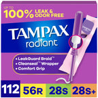 Tampax Radiant Tampons for Women Multipack, with LeakGuard Braid, Regular/Super/Super Plus Absorbency, Unscented, 112 Count (4 Packs of 28), Packaging May Vary