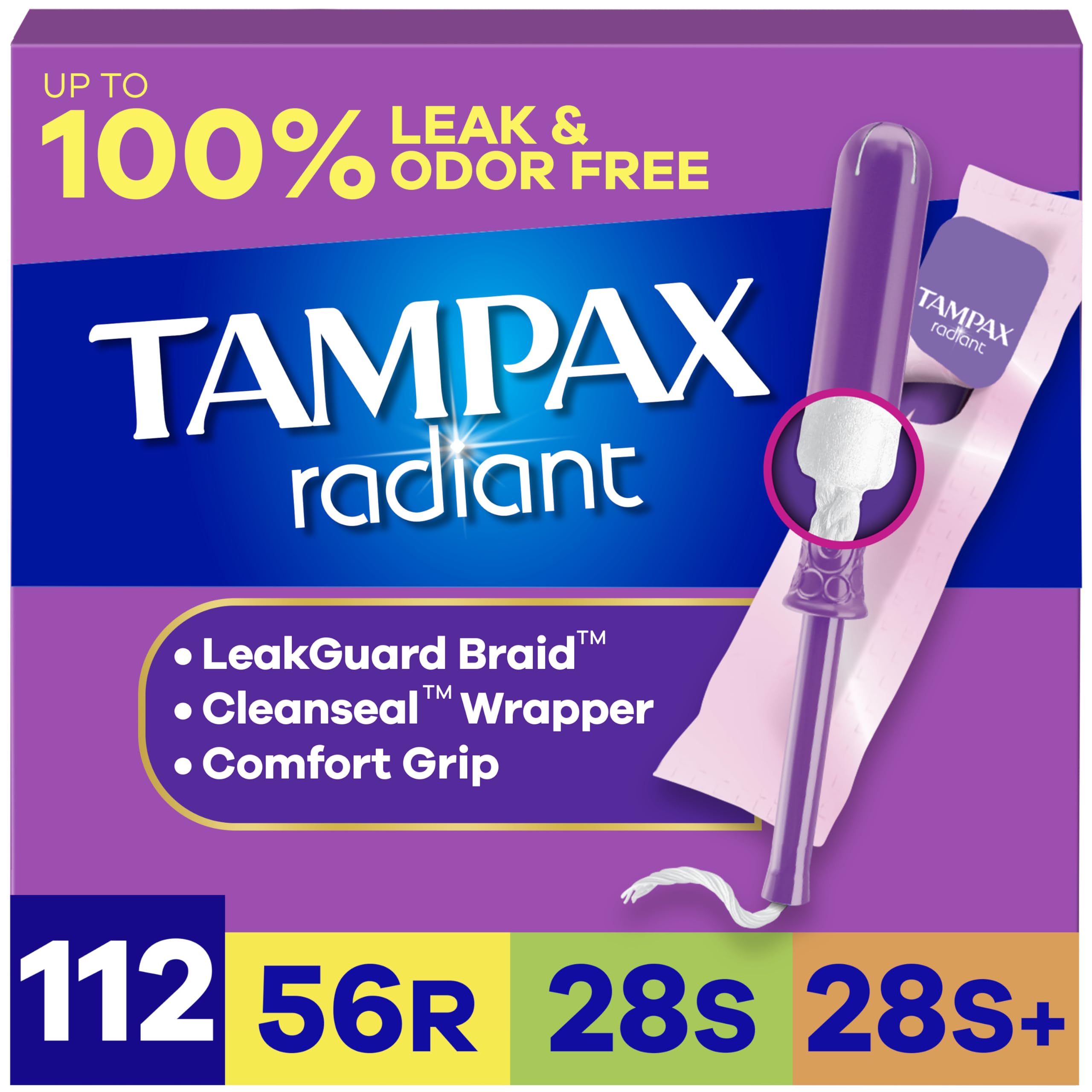 Tampax Radiant Tampons for Women Multipack, with LeakGuard Braid, Regular/Super/Super Plus Absorbency, Unscented, 112 Count (4 Packs of 28), Packaging May Vary
